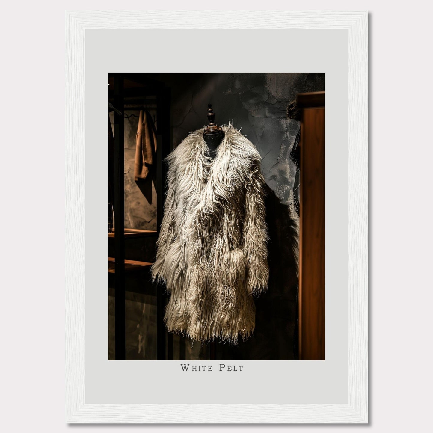 This captivating image showcases a luxurious, white pelt coat displayed on a mannequin in an elegant setting.