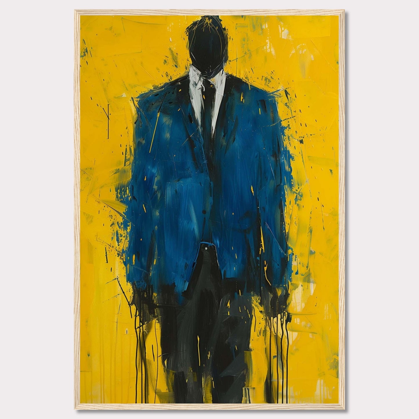 This striking painting features a faceless figure in a blue suit against a vibrant yellow background. The abstract style and bold colors create a powerful visual impact.