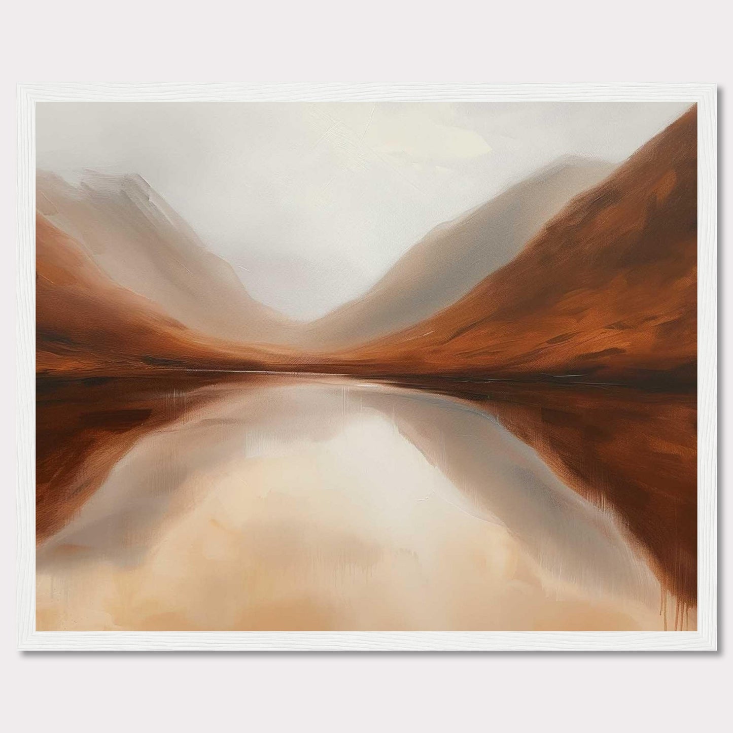 This captivating painting showcases a serene landscape with misty mountains reflected in a calm lake. The earthy tones of the mountains blend seamlessly with the soft, cloudy sky, creating a tranquil and harmonious scene.