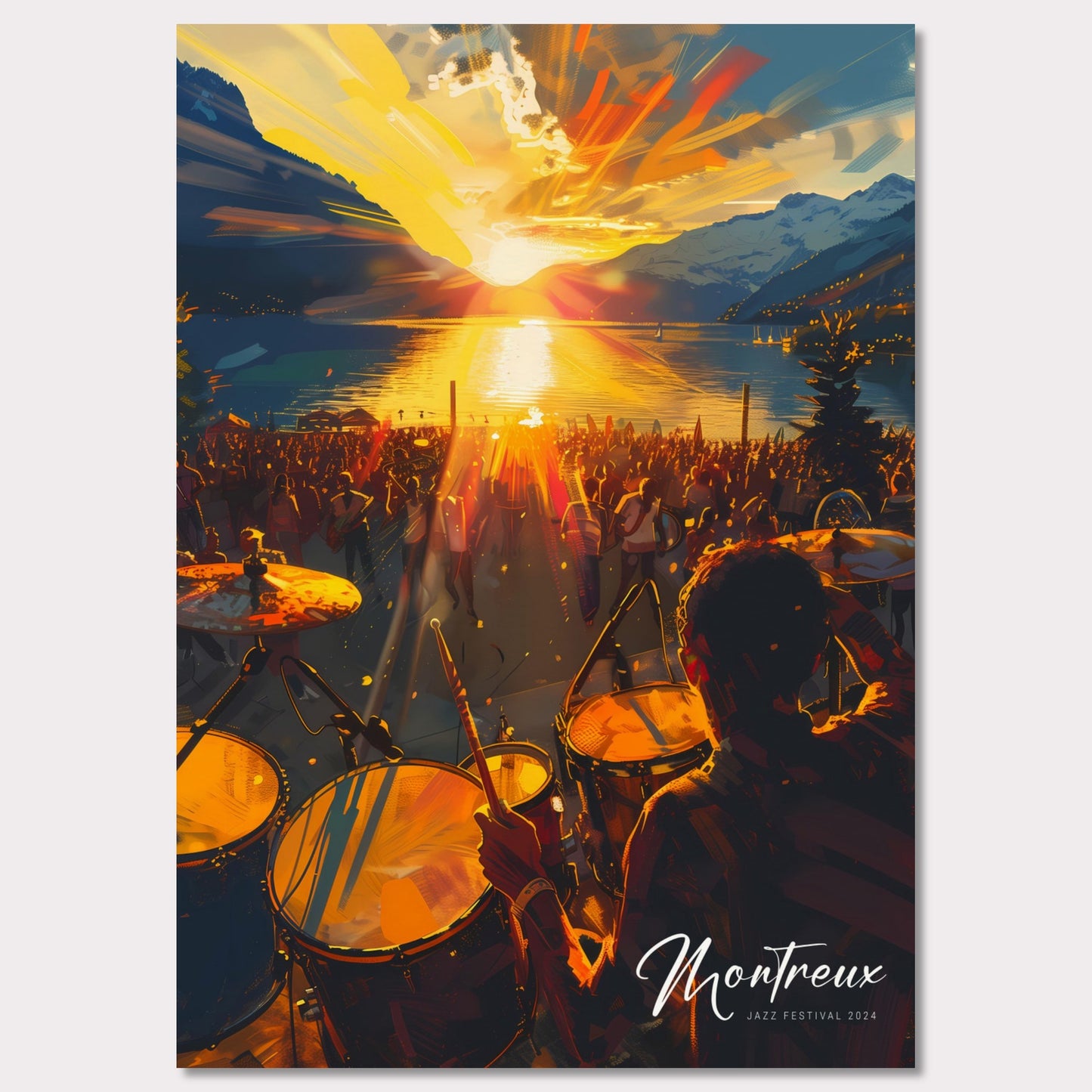 This vibrant image captures the essence of the Montreux Jazz Festival 2024. The scene is set at sunset, with a stunning view of the sun dipping below the horizon over a serene lake, surrounded by majestic mountains. A large crowd is gathered, immersed in the music, while a drummer plays energetically in the foreground.