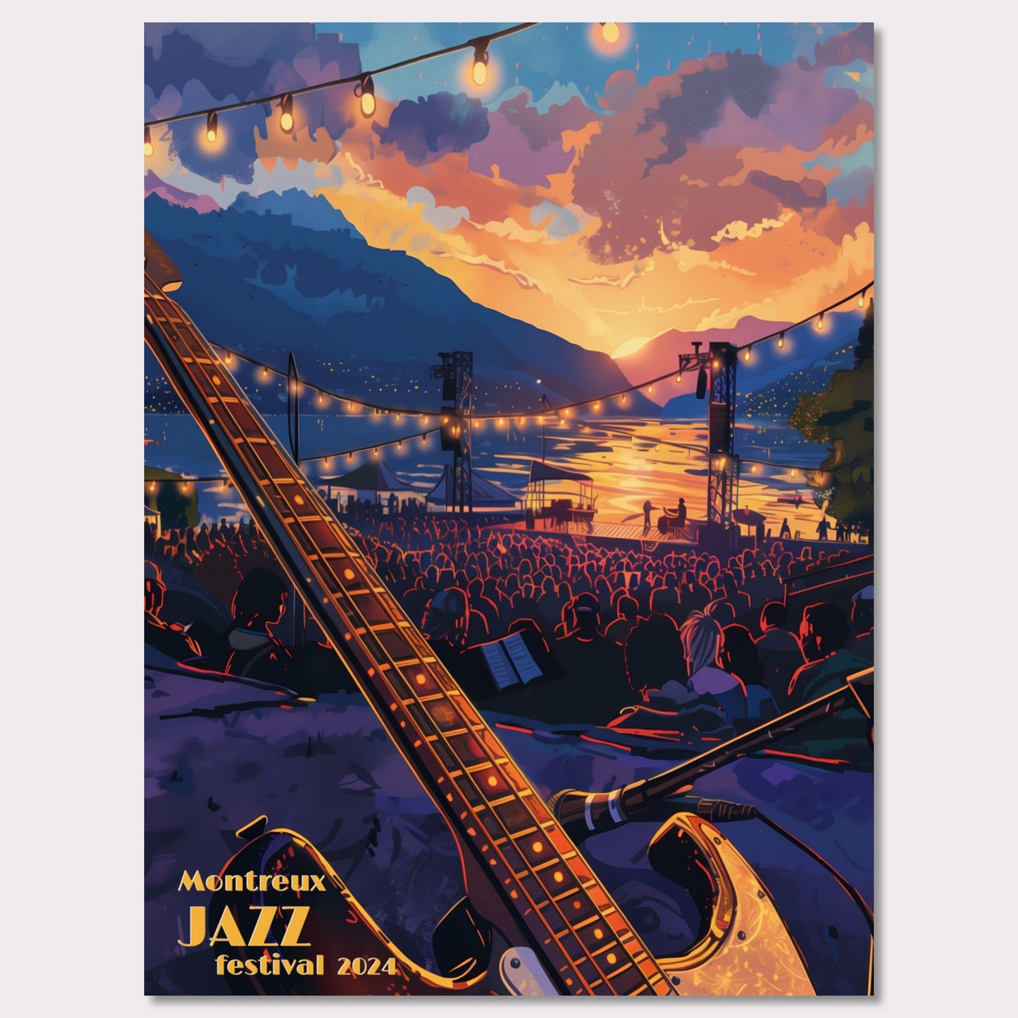 This vibrant poster captures the essence of the Montreux Jazz Festival 2024. Set against a breathtaking sunset over a serene lake, the scene is filled with an audience eagerly awaiting the performance. An electric guitar in the foreground hints at the musical magic to come, while string lights add a festive ambiance.