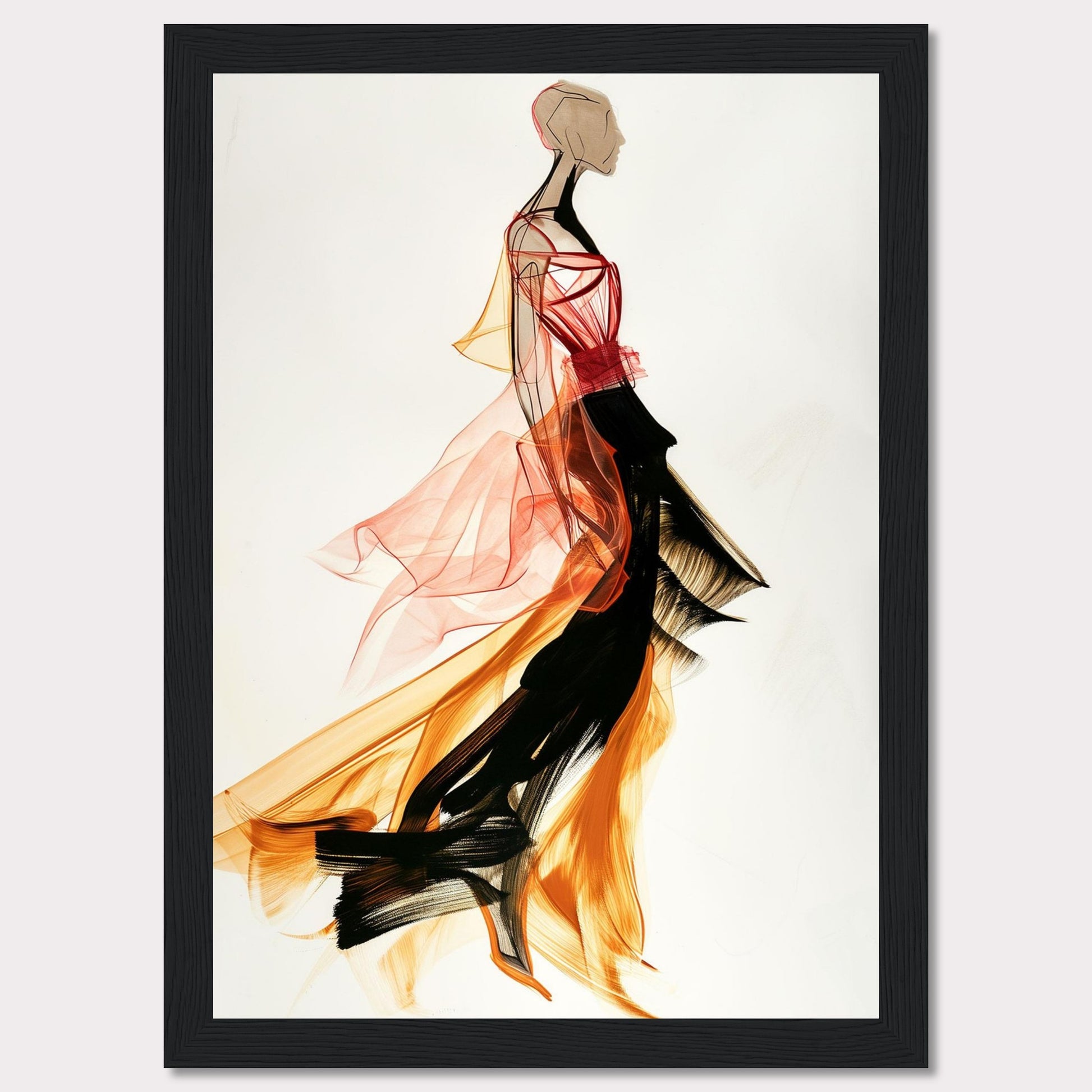 This captivating artwork showcases a fashion illustration of a figure in a flowing, vibrant dress. The dress features dynamic colors and textures, blending red, orange, and black hues. The abstract style and fluid lines create a sense of movement and elegance.