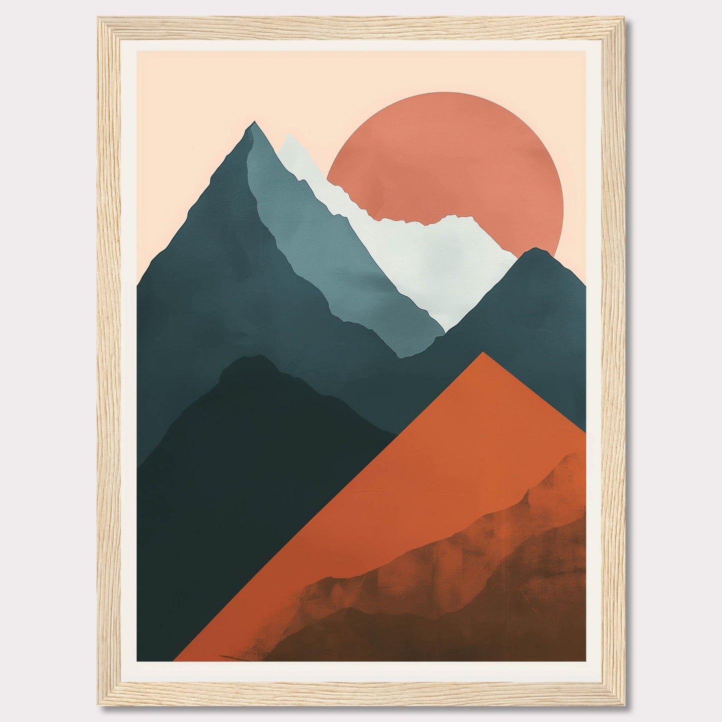 This is a modern, abstract art print featuring a mountain landscape with a large sun setting in the background. The artwork uses bold, contrasting colors to create a striking visual impact.