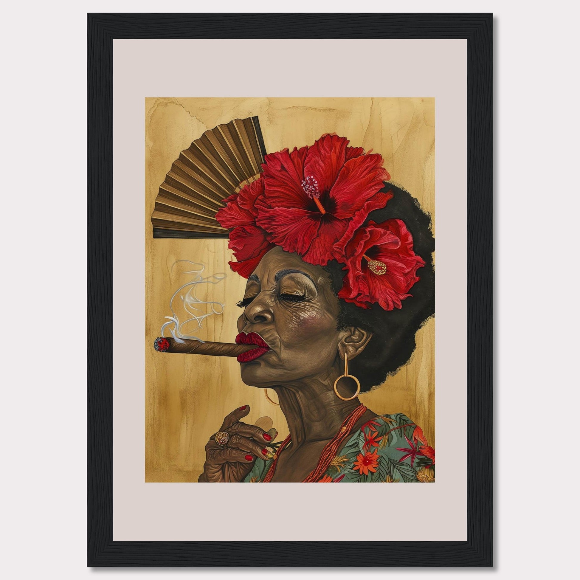 This captivating artwork features a dignified elderly woman smoking a cigar, adorned with vibrant red hibiscus flowers in her hair. Behind her, a traditional hand fan adds a touch of cultural elegance to the scene. The rich colors and intricate details bring out her character and grace.