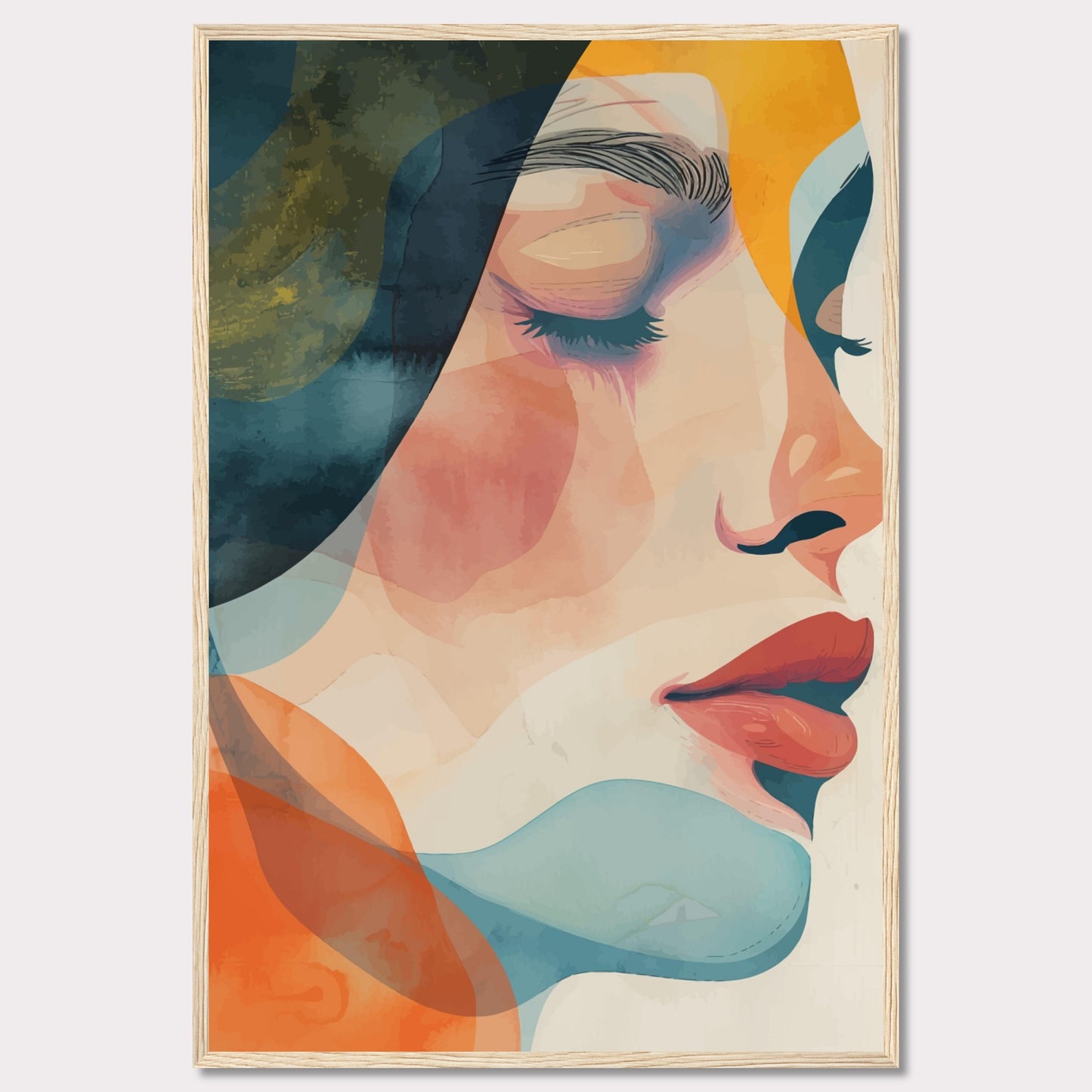 This captivating artwork features a serene profile of a woman's face, rendered in a vibrant mix of abstract colors. The composition highlights her closed eyes and calm expression, evoking a sense of tranquility and introspection.