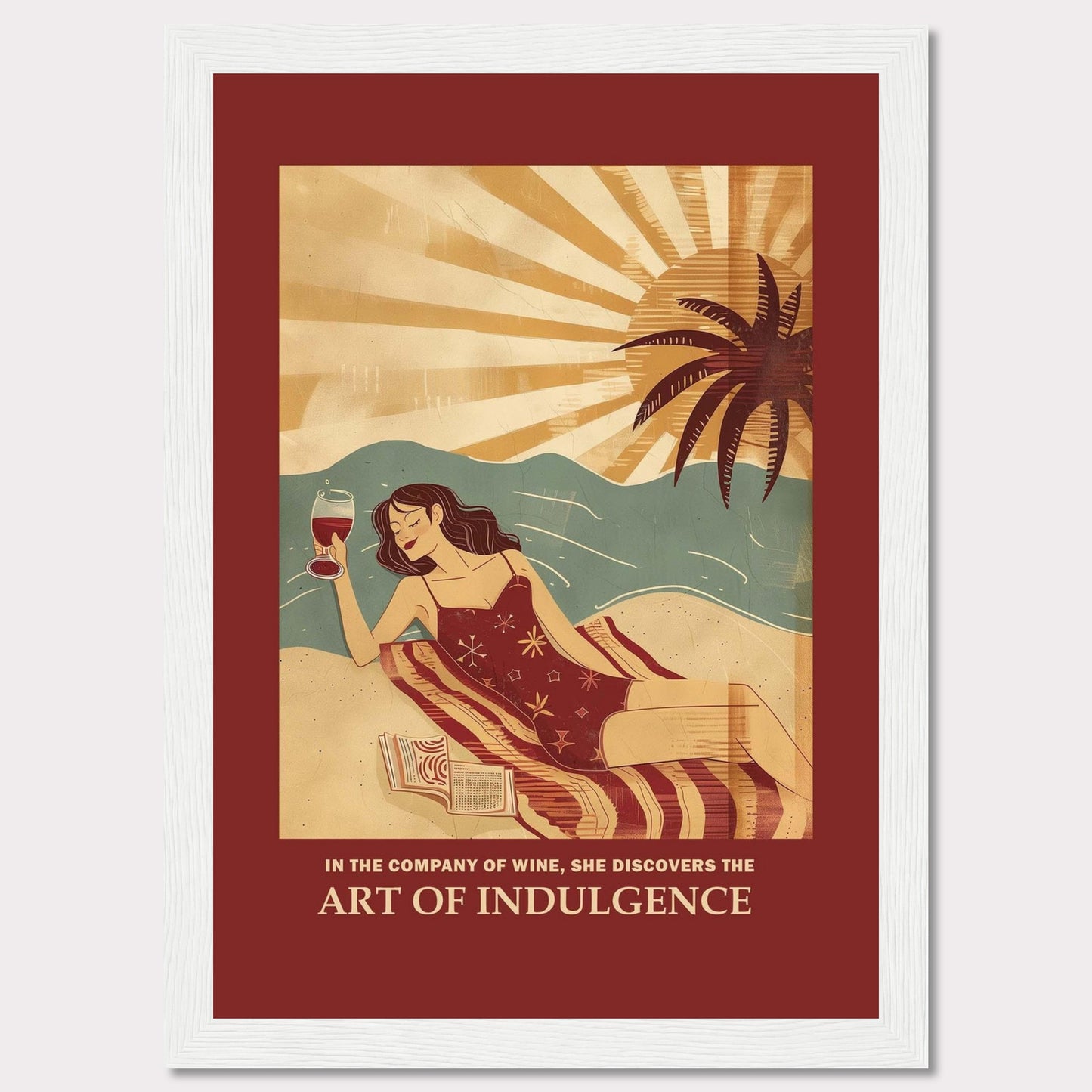 This vibrant poster features a woman relaxing on a beach with a glass of wine. The sun is setting behind a palm tree, casting warm rays over the scene. She is lying on a striped blanket with an open book beside her, embodying a moment of pure relaxation and indulgence.