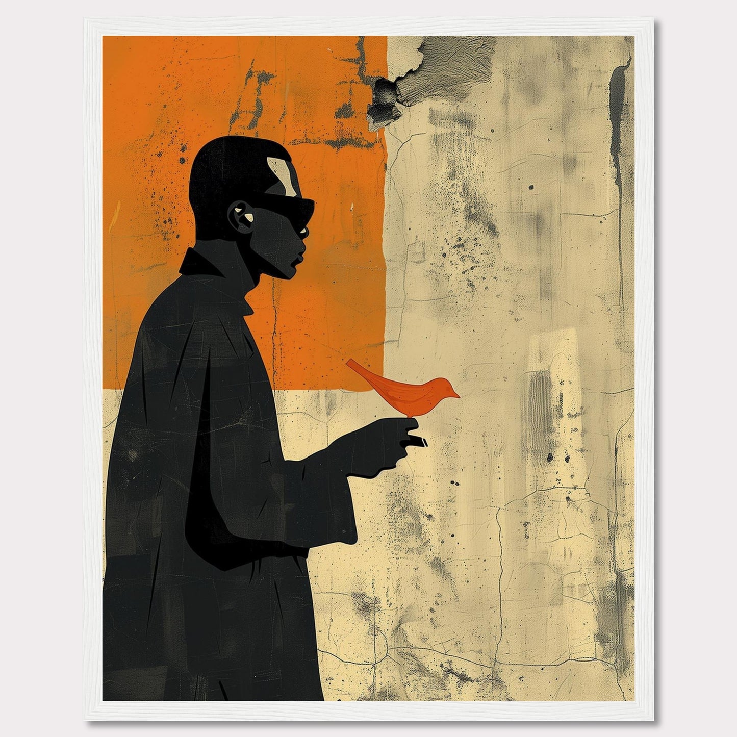 5e308d8d-3aThis striking artwork features a silhouette of a person holding a vibrant orange bird against a textured, abstract background. The contrast between the dark figure and the bright bird creates a powerful visual impact.da9-456c-acf7-7085efc839be