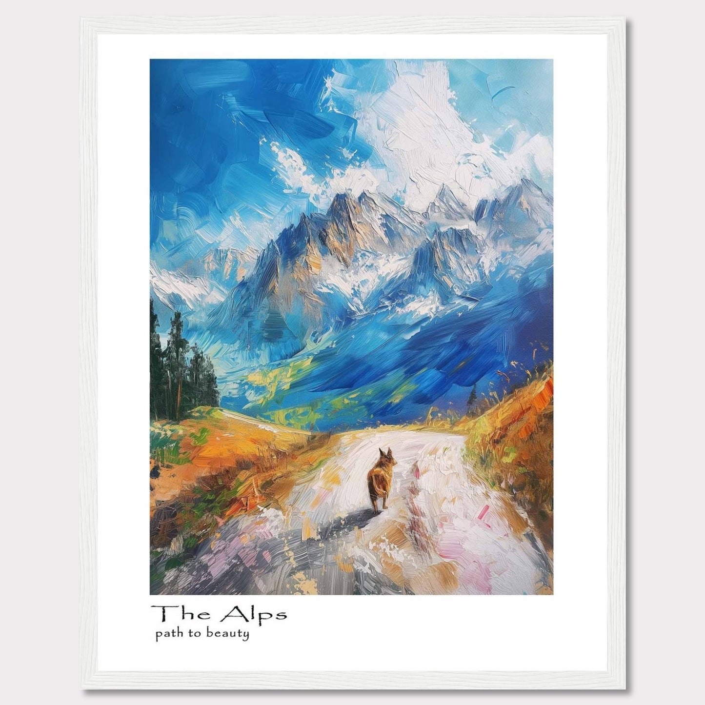 This painting captures the breathtaking beauty of the Alps with vibrant colors and dynamic brushstrokes. A lone hiker walks along a winding path, surrounded by majestic mountains under a bright blue sky.