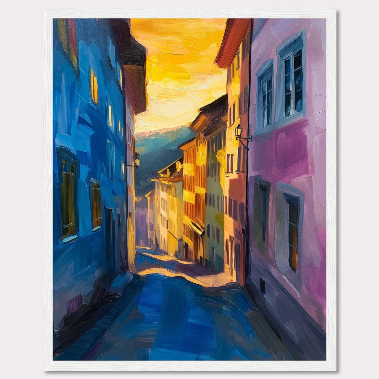 This vibrant painting captures a charming street scene bathed in the warm glow of a sunset. The artwork features colorful buildings, with hues of blue and pink dominating the foreground, while the background fades into golden tones. The narrow street creates a sense of depth, drawing the viewer's eye towards the distant horizon. The play of light and shadow adds a dynamic and lively feel to the piece.