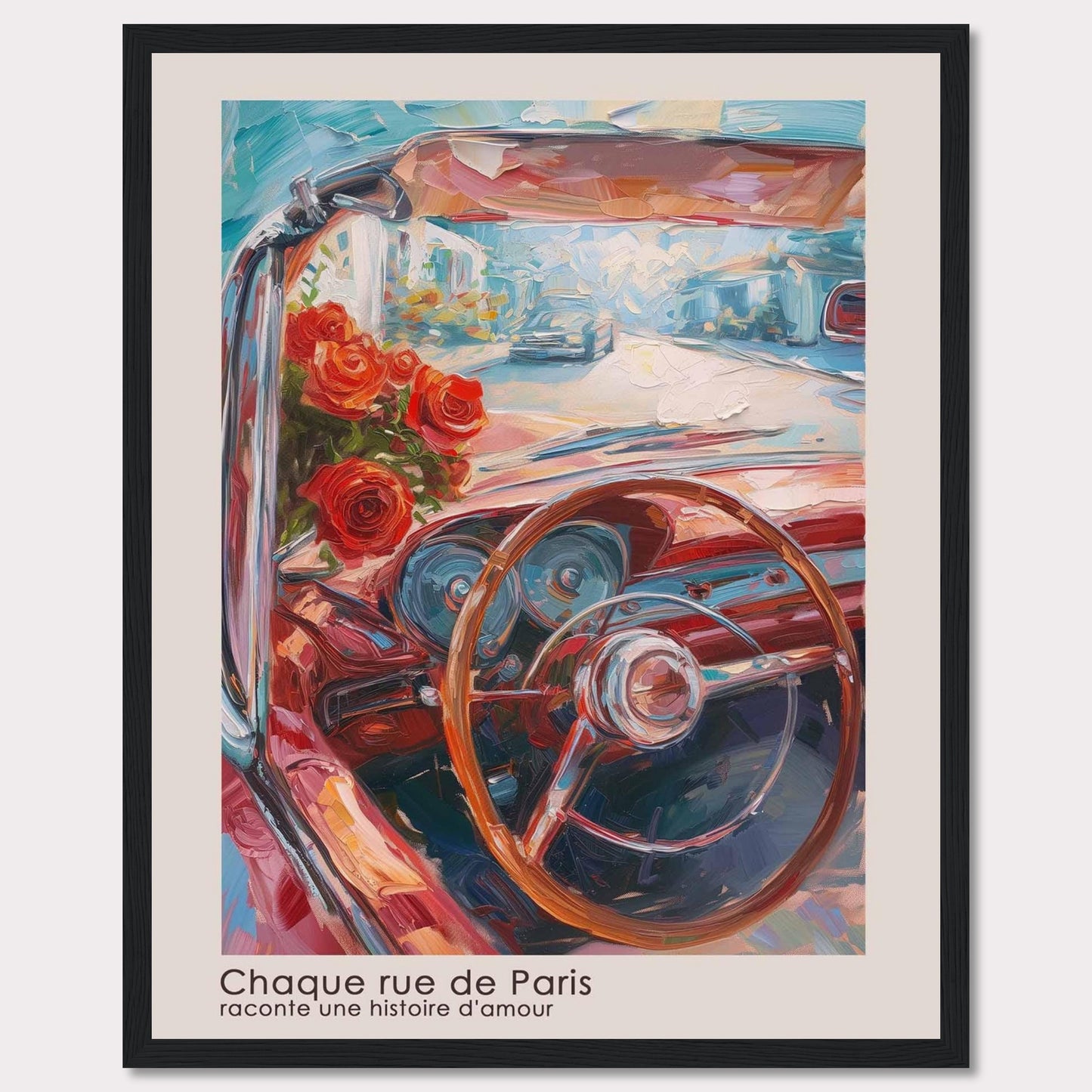 This vibrant painting captures the essence of a romantic drive through Paris. The artwork features a classic car's steering wheel, a bouquet of red roses, and a bright, bustling street scene in the background.