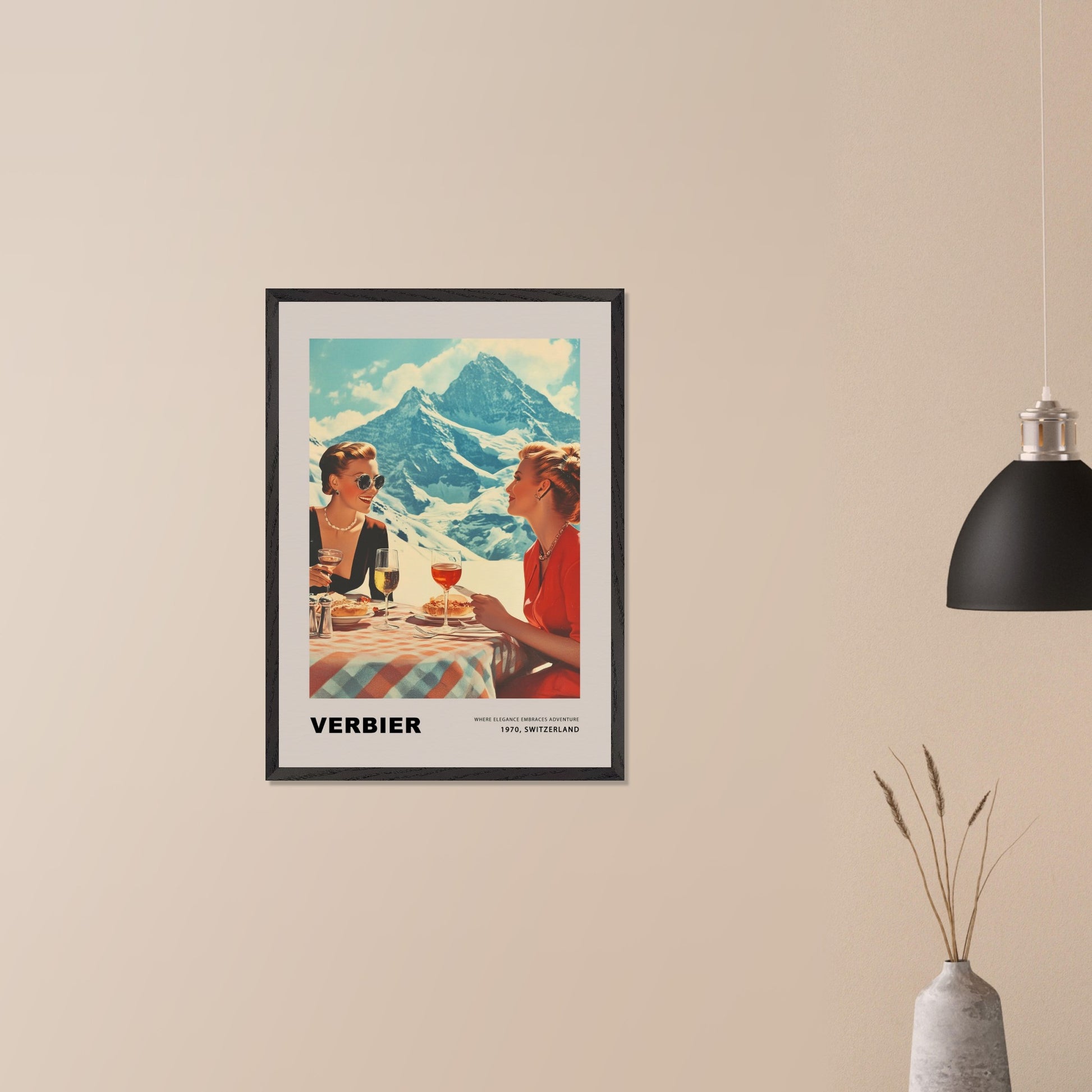 This glamorous poster showcases the refined charm of Verbier, featuring two elegantly dressed women enjoying an alfresco meal with breathtaking alpine peaks as their backdrop. The scene embodies a perfect blend of sophistication and adventure, inviting viewers to savor the unique allure of this Swiss ski destination.