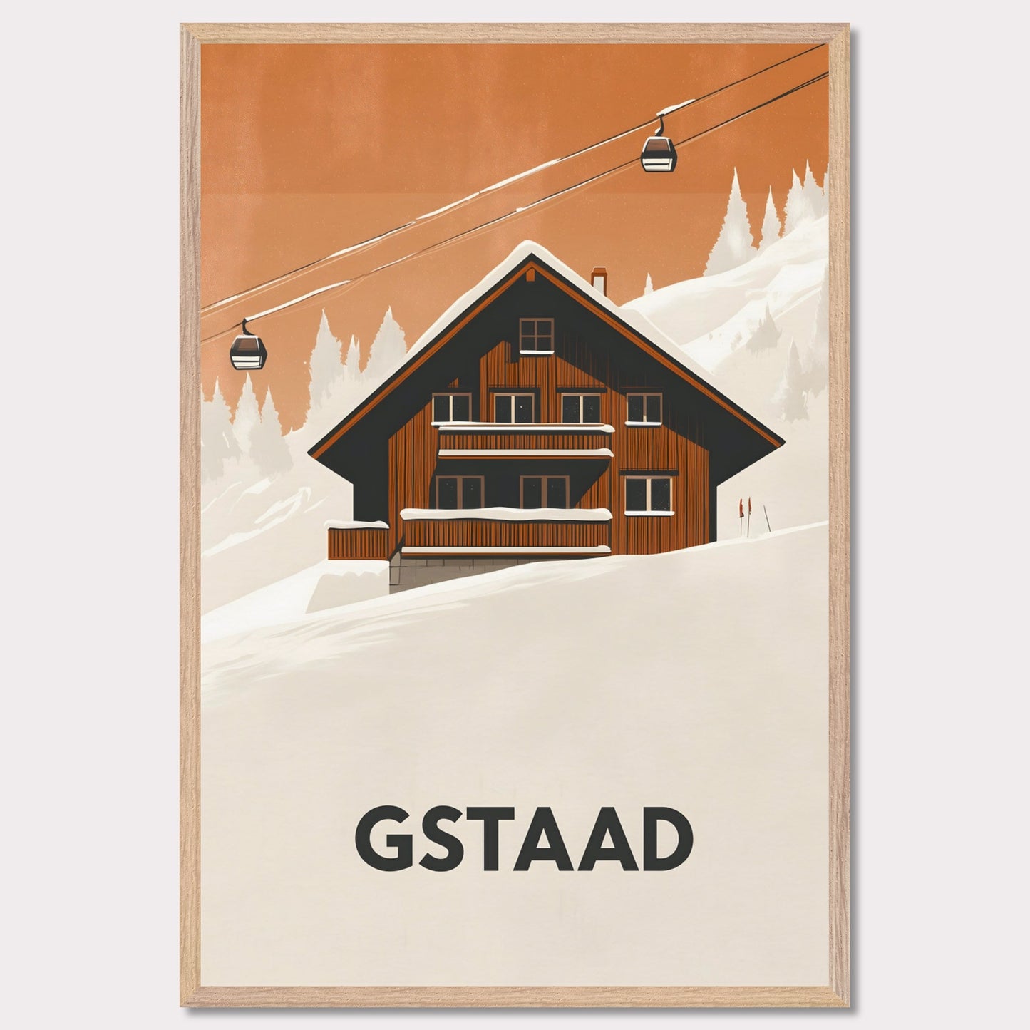 A warm, inviting scene of a traditional Swiss chalet surrounded by snowy slopes. A cable car ascends into the distance, emphasizing the region’s skiing culture and cozy mountain retreat.