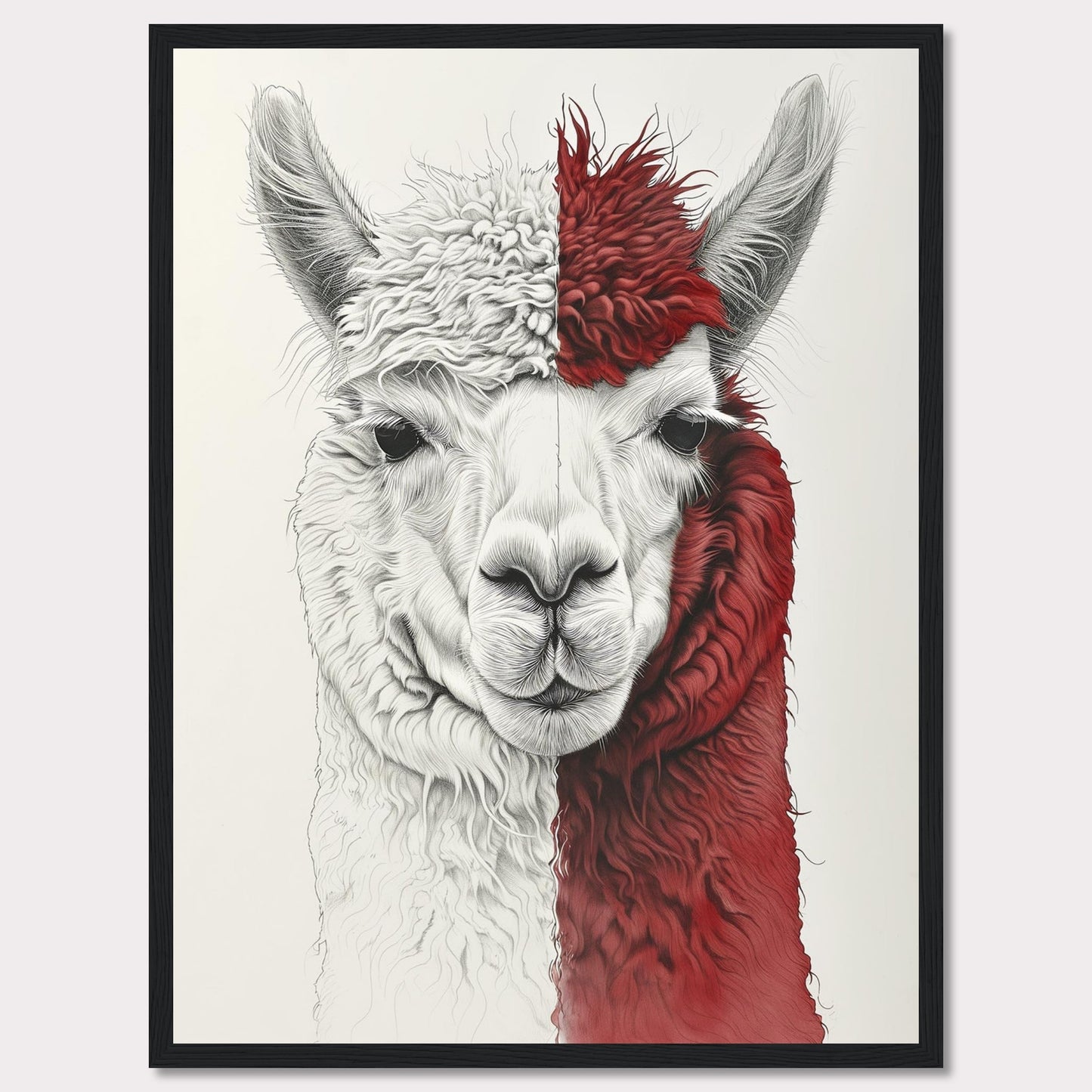 This striking artwork features a detailed illustration of an alpaca with a unique half-white, half-red fur pattern. The intricate lines and textures bring the alpaca's gentle expression to life, making it a captivating piece for any space.