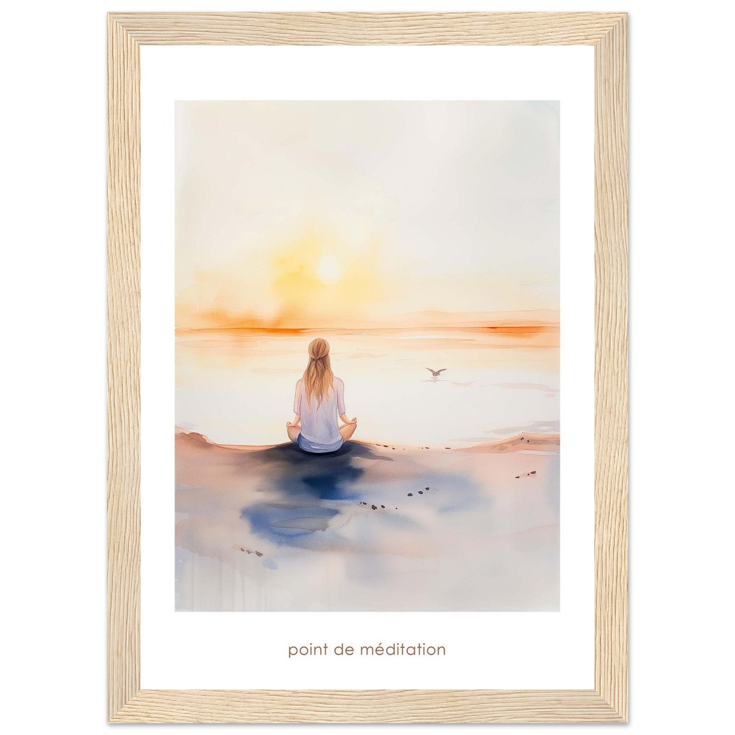 This serene artwork captures a tranquil moment of meditation by the sea at sunrise. A person sits cross-legged on the shore, facing the calming horizon as the sun rises, casting a warm glow over the water. A bird flies gracefully in the distance, adding to the peaceful ambiance. The soft colors and gentle brushstrokes evoke a sense of calm and introspection.