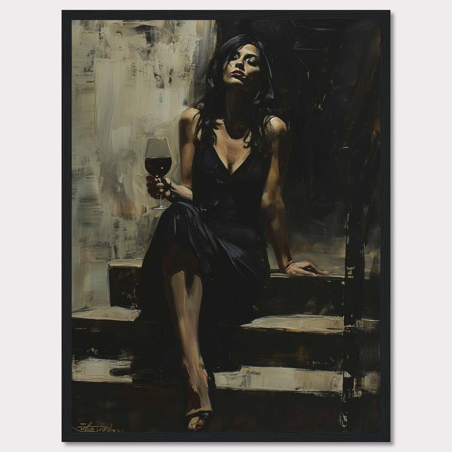 This captivating painting depicts a woman in an elegant black dress, seated on a set of steps. She holds a glass of red wine, exuding confidence and sophistication. The dark, moody background contrasts with her poised demeanor, creating a sense of intrigue and allure.