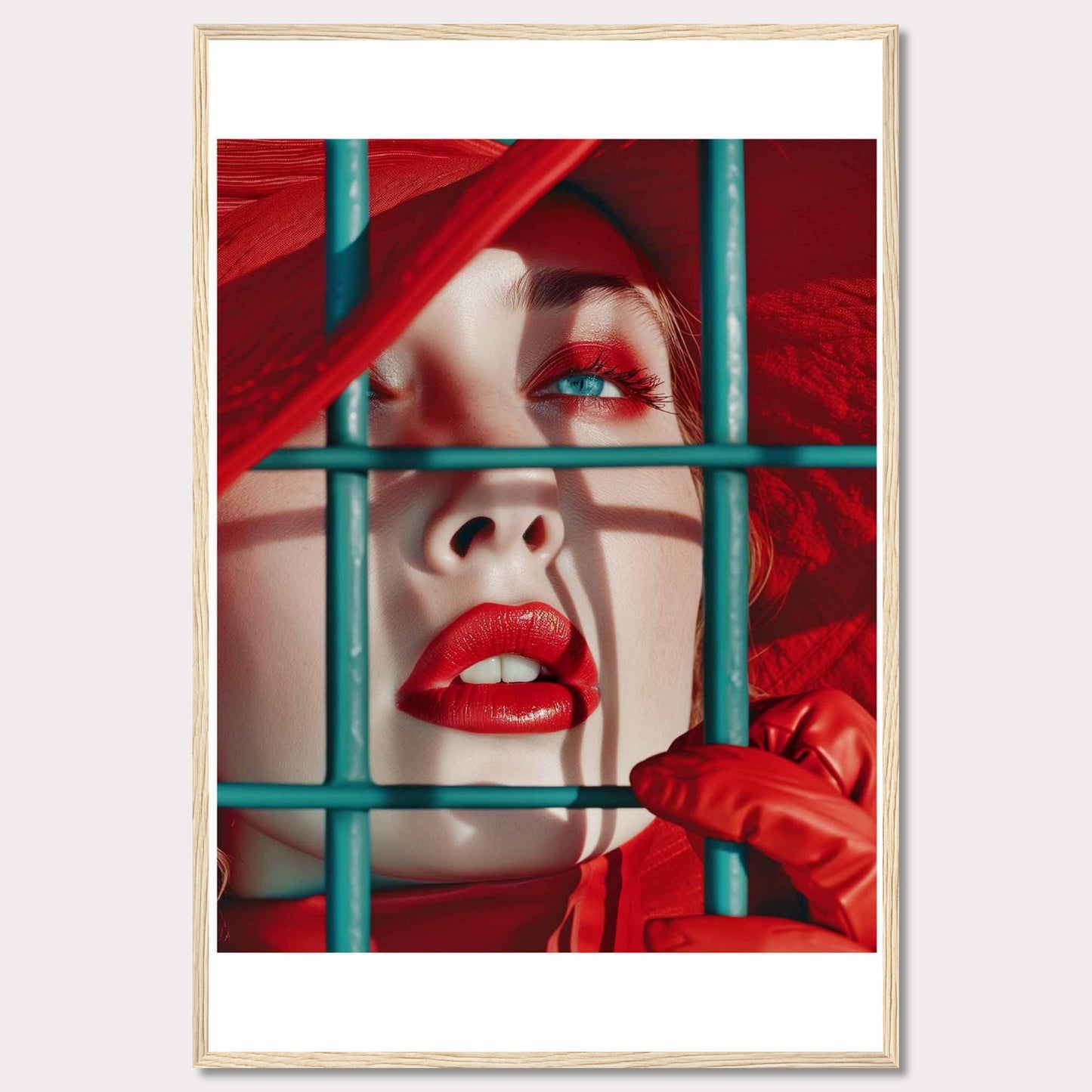 This striking portrait captures a close-up of a woman's face, emphasizing her vibrant red lips and eye makeup. She is framed behind teal bars, adding a sense of intrigue and contrast to the image. The vivid red hat and gloves complement her makeup, creating a bold and captivating visual. This artwork evokes a sense of mystery and allure.