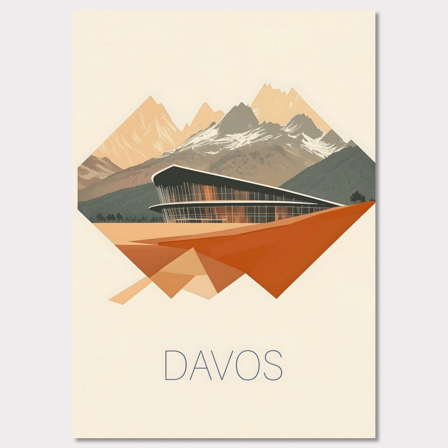 A visually striking poster featuring Davos’ futuristic architecture, integrated into an angular, geometric design. The sharp lines and warm earth tones contrast with the cool mountain backdrop, creating a bold, dynamic effect.