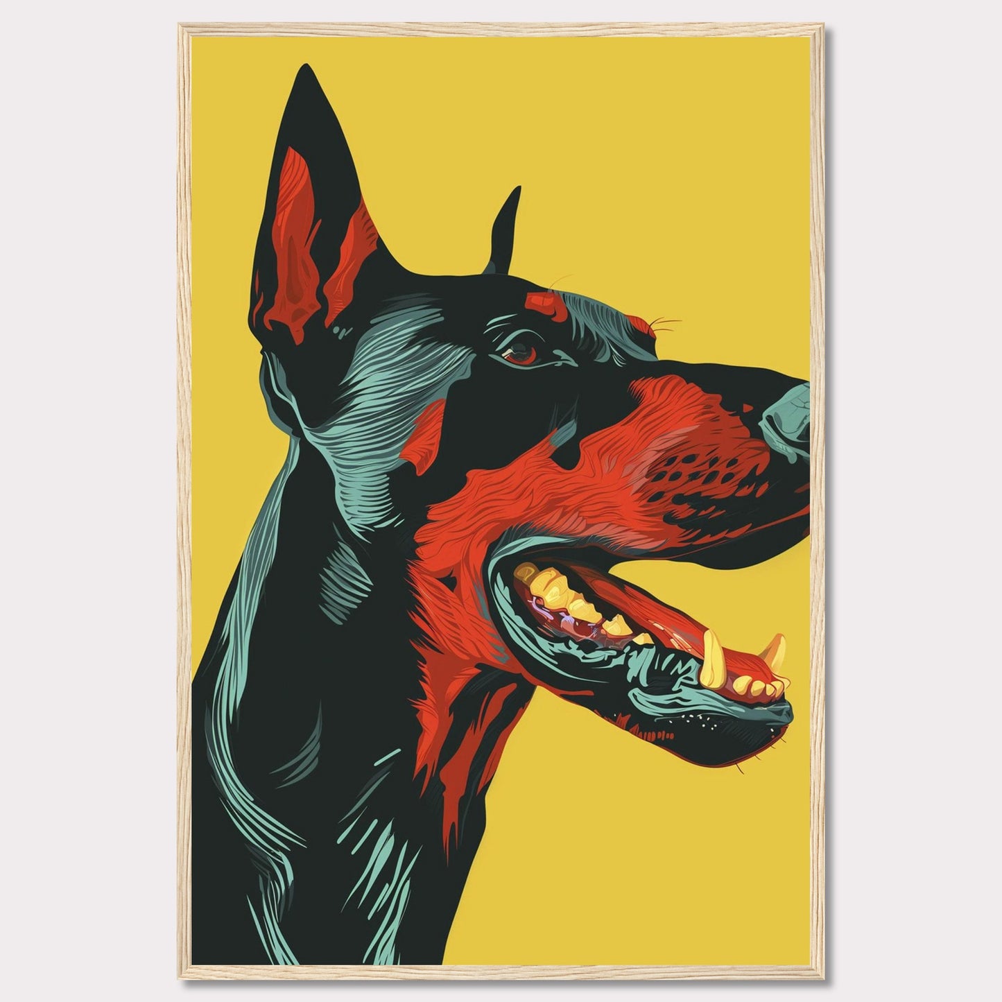 This vibrant artwork features a striking, stylized portrait of a Doberman against a bold yellow background. The detailed illustration showcases the dog's fierce expression with vivid red and black hues, emphasizing its strong and dynamic presence. The piece is framed in a sleek black border, enhancing its modern aesthetic.