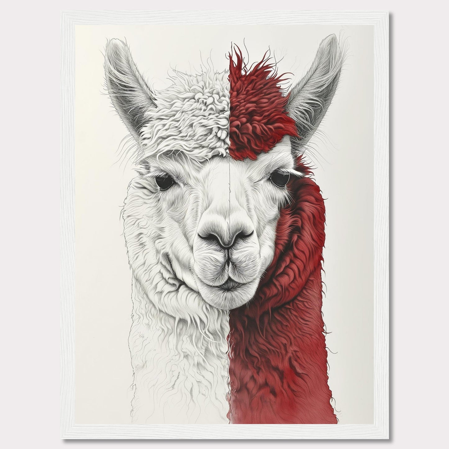 This striking artwork features a detailed illustration of an alpaca with a unique half-white, half-red fur pattern. The intricate lines and textures bring the alpaca's gentle expression to life, making it a captivating piece for any space.