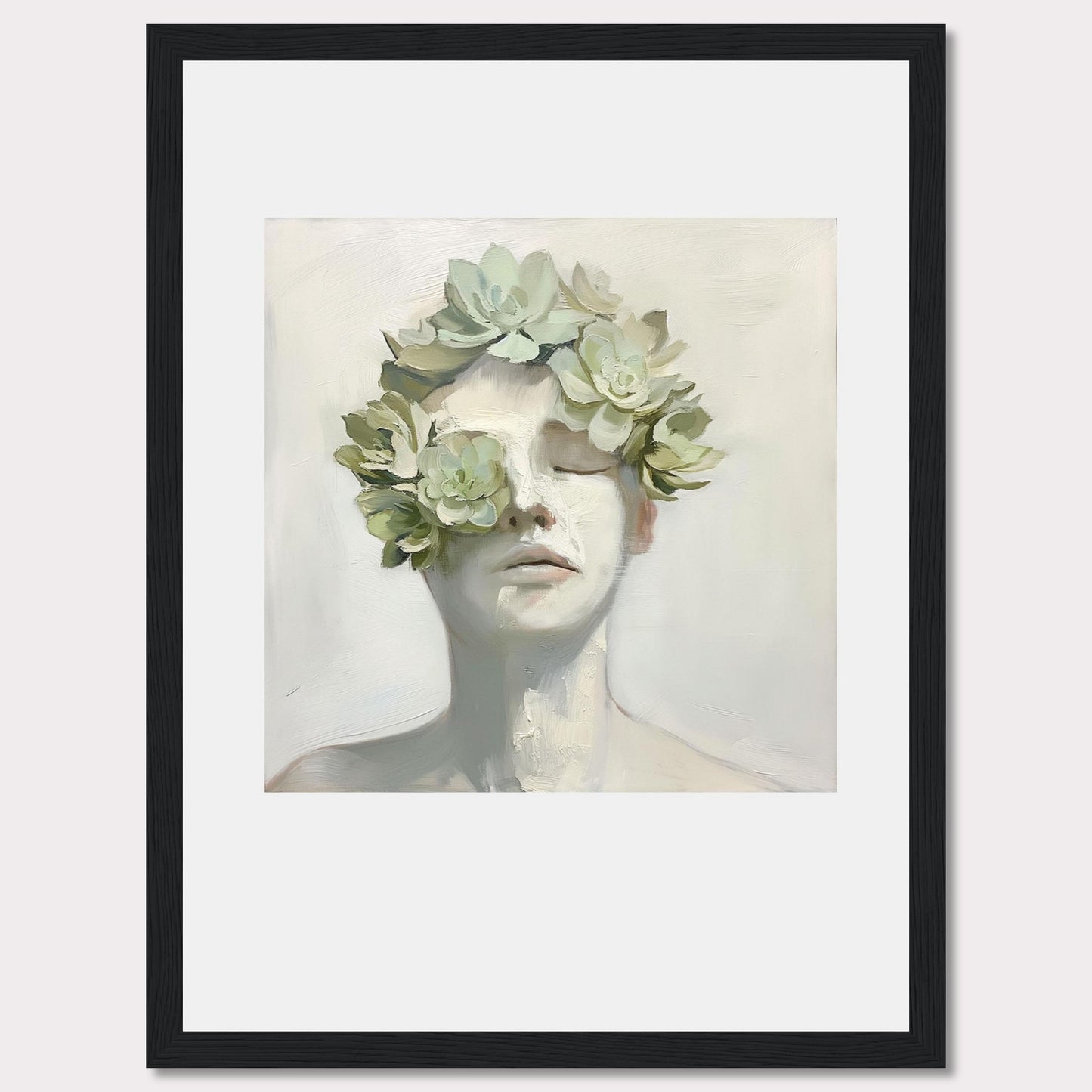 This captivating artwork features a serene face adorned with a crown of succulents, blending nature and human form in a harmonious expression.