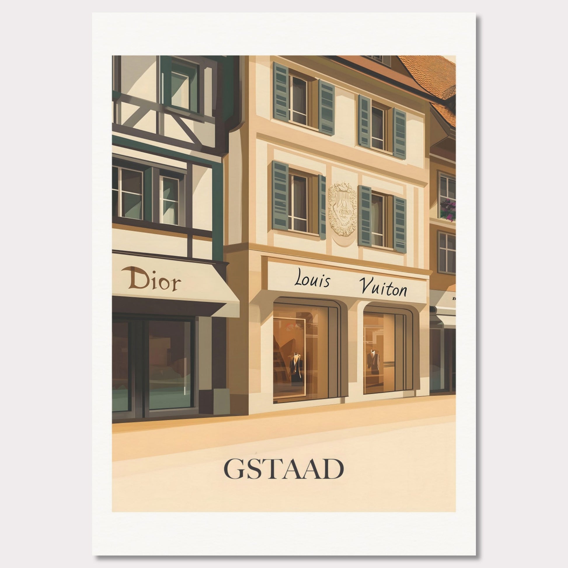 A beautifully illustrated poster showcasing Gstaad’s world-class shopping scene. The charming facades of Dior and Louis Vuitton boutiques reflect the town’s upscale ambiance.