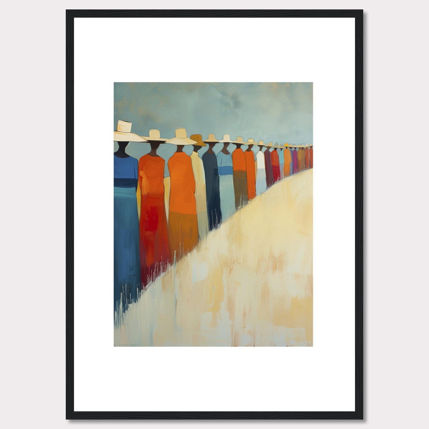 This artwork features a line of abstract figures wearing wide-brimmed hats, standing against a serene backdrop. The figures are dressed in vibrant colors, predominantly orange, blue, and white. The painting exudes a sense of unity and calmness.