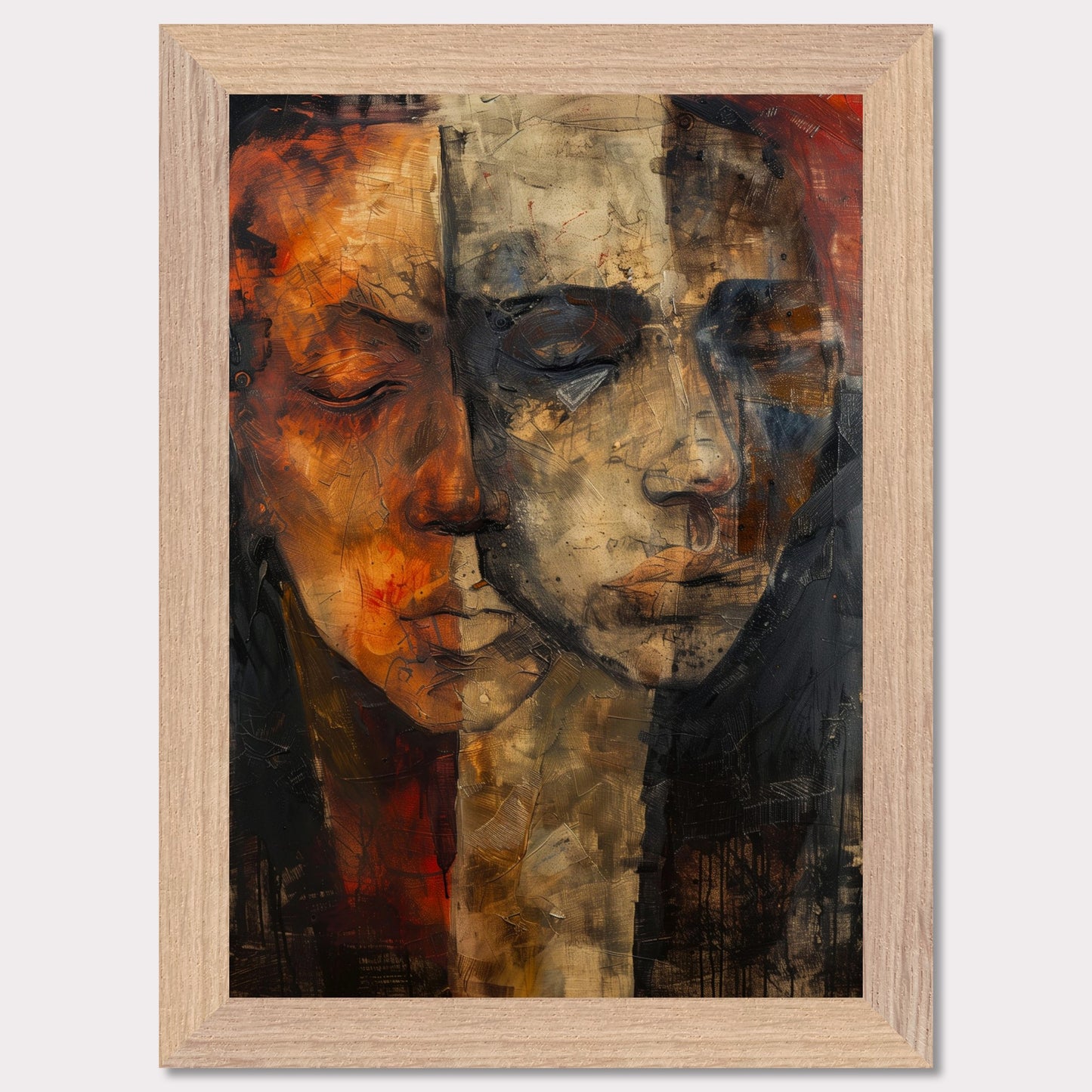 This captivating artwork features two abstract faces, blending seamlessly into one another. The painting is rich in texture and color, with a striking contrast between warm and cool tones. The faces appear to be in deep contemplation, evoking a sense of introspection and connection.