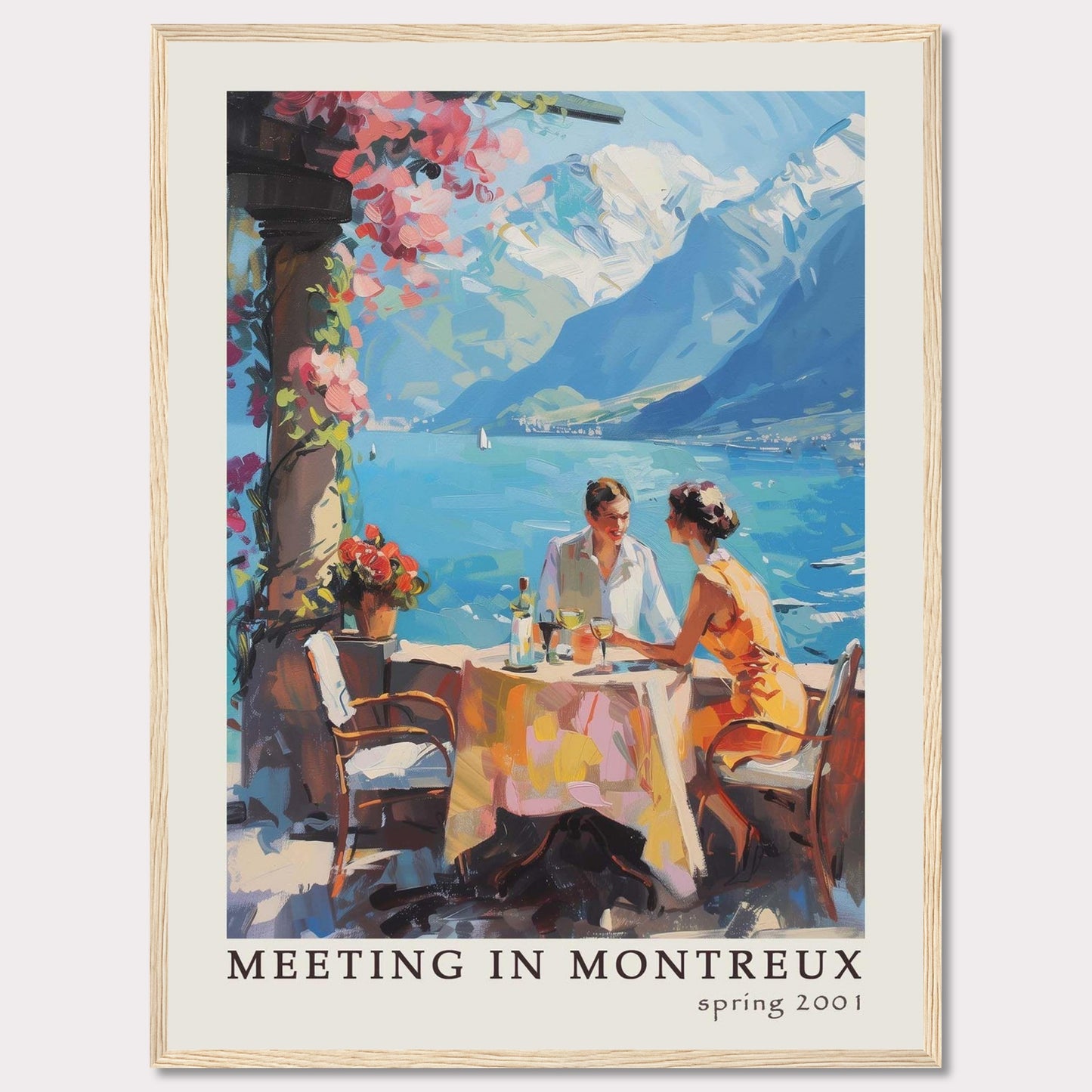 This vibrant poster captures a serene moment of a couple dining outdoors with the stunning backdrop of Montreux's picturesque lakeside and mountains.