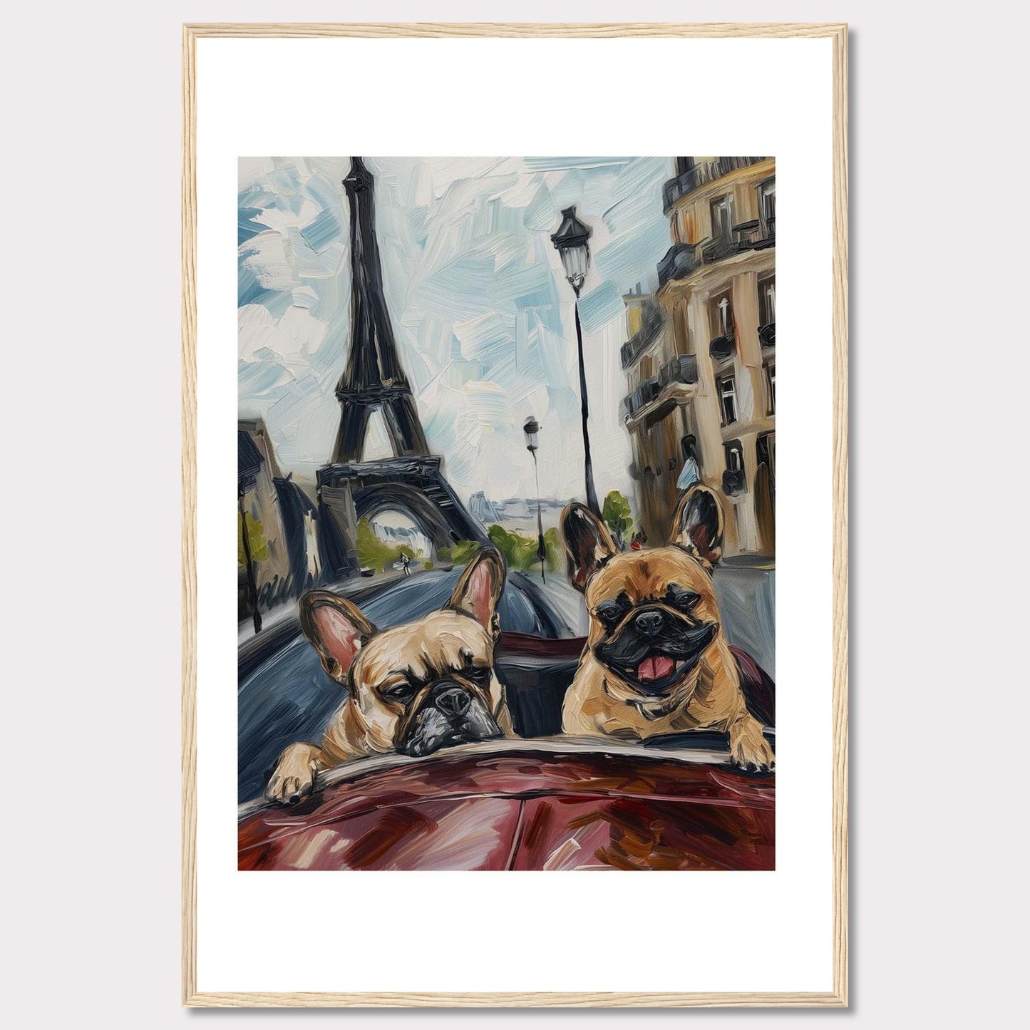 This vibrant painting captures two adorable French Bulldogs enjoying a ride in a car with the iconic Eiffel Tower in the background. The artwork beautifully blends elements of Parisian architecture, street lamps, and the joyful expressions of the dogs.