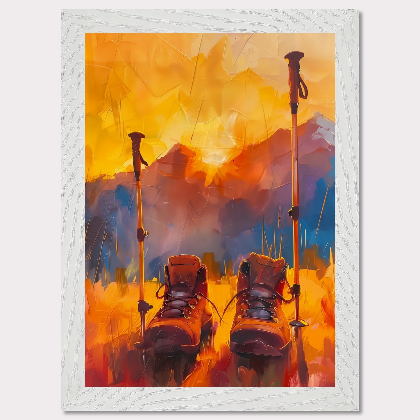 This illustration depicts a pair of hiking boots and trekking poles set against a vibrant, abstract background of mountains and a sunset.