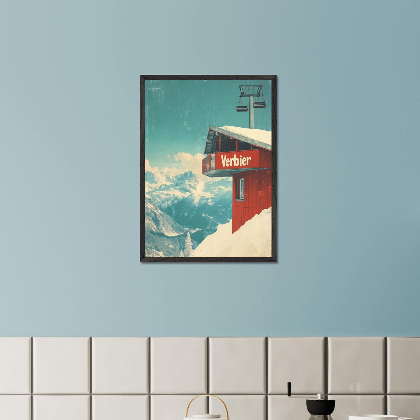 This vintage-inspired poster showcases a modern gondola station perched high above Verbier’s slopes. The gondola’s red cabin stands out against the pristine white snow, with majestic alpine peaks framing the view. The soft blue sky, accented by the vintage design, gives a timeless quality to the image. The simplicity and elegance of the gondola station invite viewers to imagine their own journey up the mountain, surrounded by the beauty of the Swiss Alps.