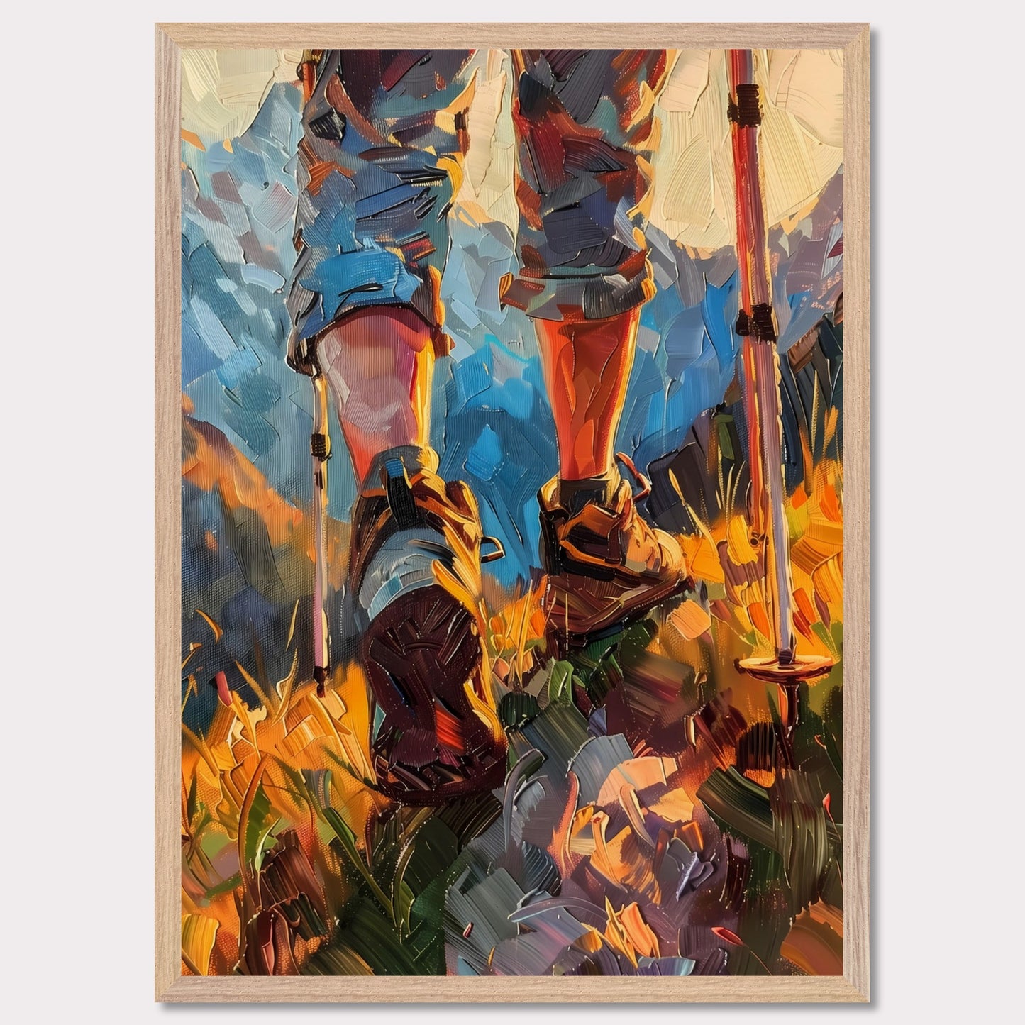 This illustration depicts a hiker's legs and feet as they traverse a vibrant, mountainous landscape. The scene is painted with bold, expressive brushstrokes, emphasizing the dynamic movement and rugged terrain.