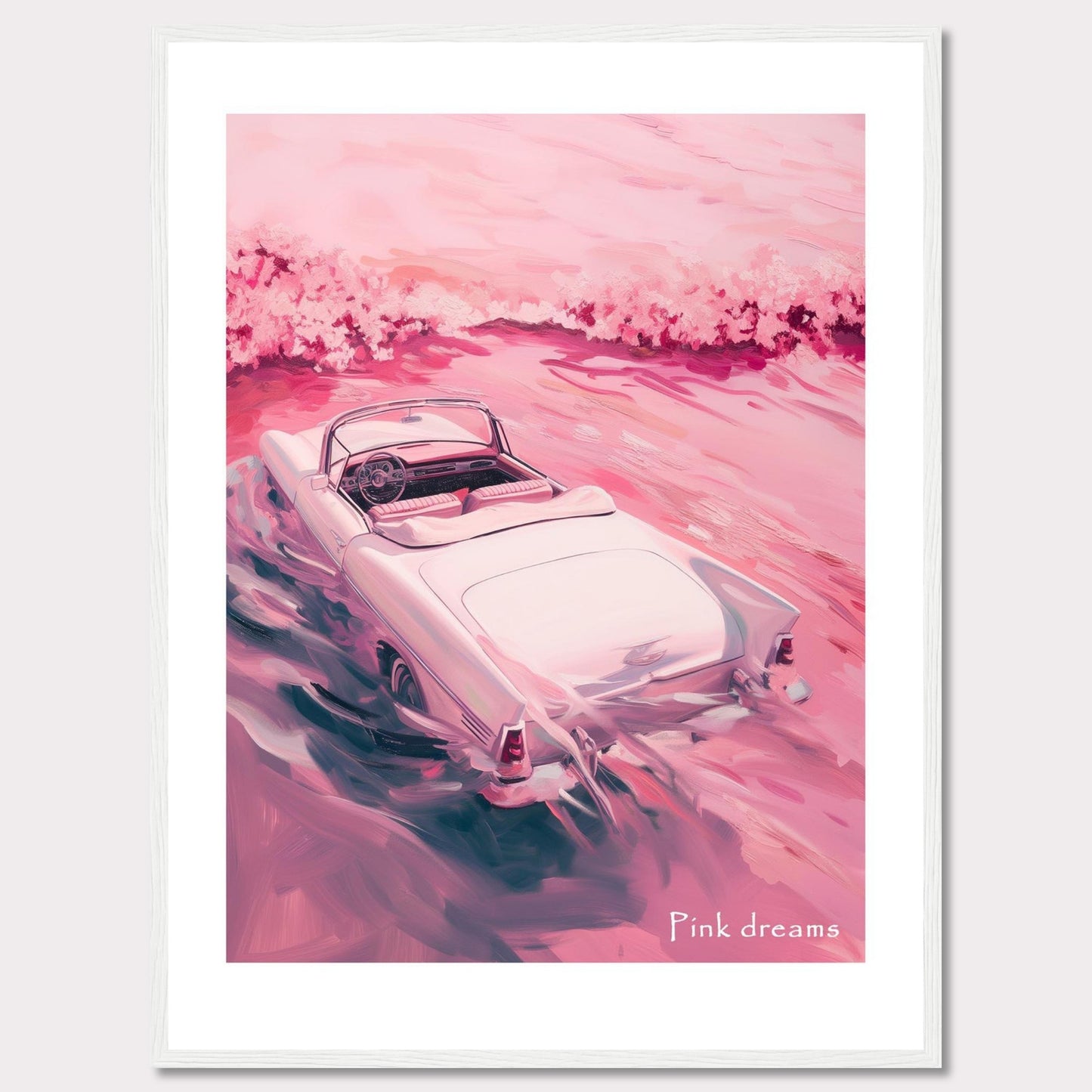 This artwork features a dreamy scene with a vintage convertible car driving through a pink-hued landscape. The soft, pastel colors create a serene and nostalgic atmosphere.