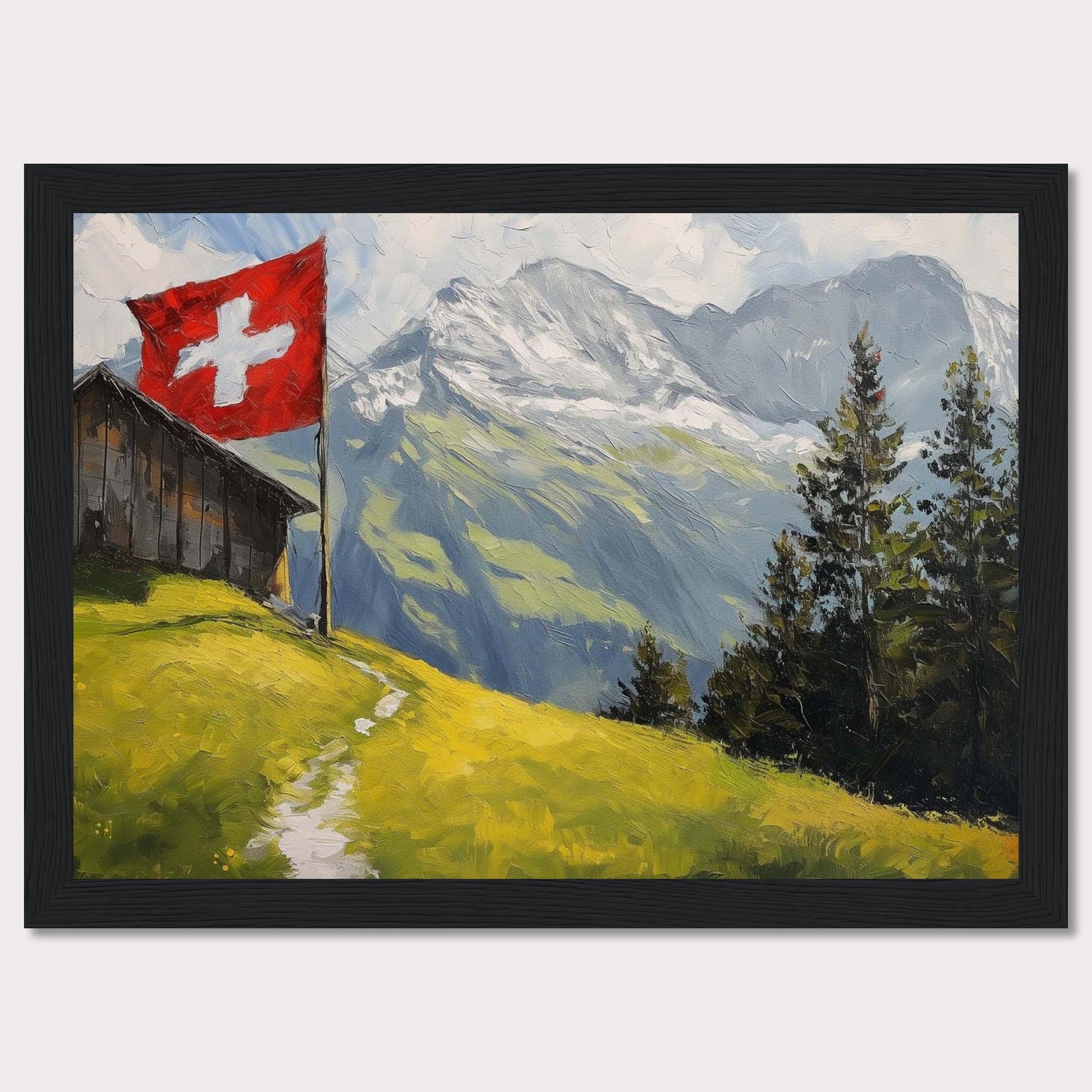 This stunning painting captures the serene beauty of a Swiss alpine landscape. A quaint wooden cabin is perched on a lush green hillside, with a vibrant Swiss flag fluttering proudly beside it. Majestic snow-capped mountains rise in the background, contrasting beautifully with the verdant foreground. Tall evergreen trees add depth and texture to the scene.