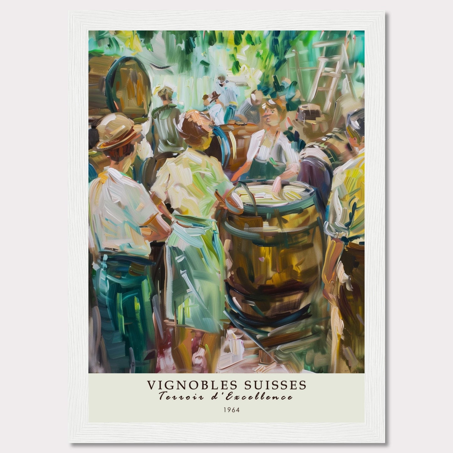 This vibrant painting captures a lively scene of people gathered around wine barrels, reflecting the rich tradition of Swiss vineyards.