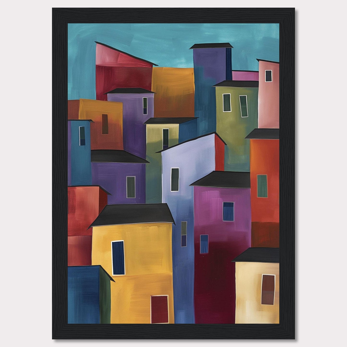 This vibrant painting features a colorful array of abstract buildings, each with unique hues and shapes, set against a serene blue sky. The bold use of colors and geometric forms creates a lively and dynamic cityscape.