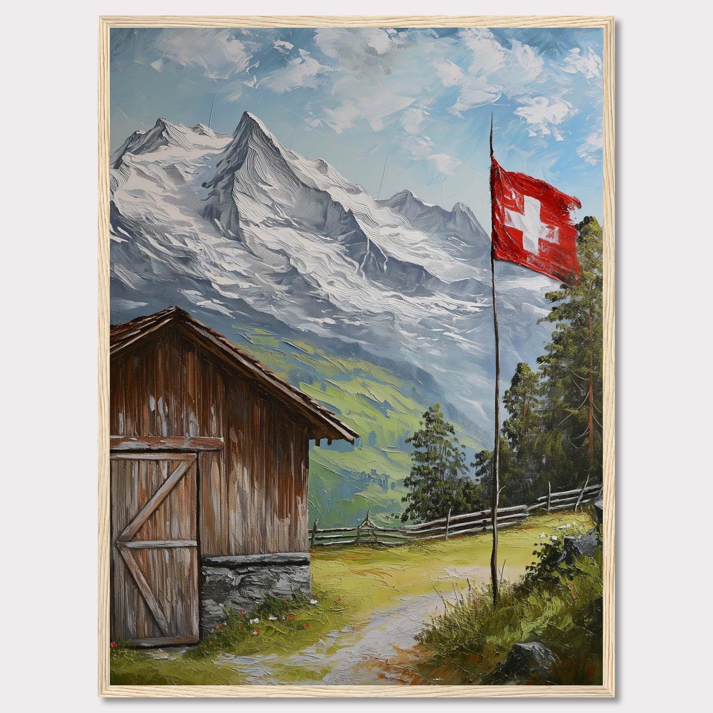 This image depicts a serene mountain scene with a rustic wooden cabin, a Swiss flag fluttering in the breeze, and majestic snow-capped peaks in the background. The lush greenery and clear blue sky add to the tranquil atmosphere.