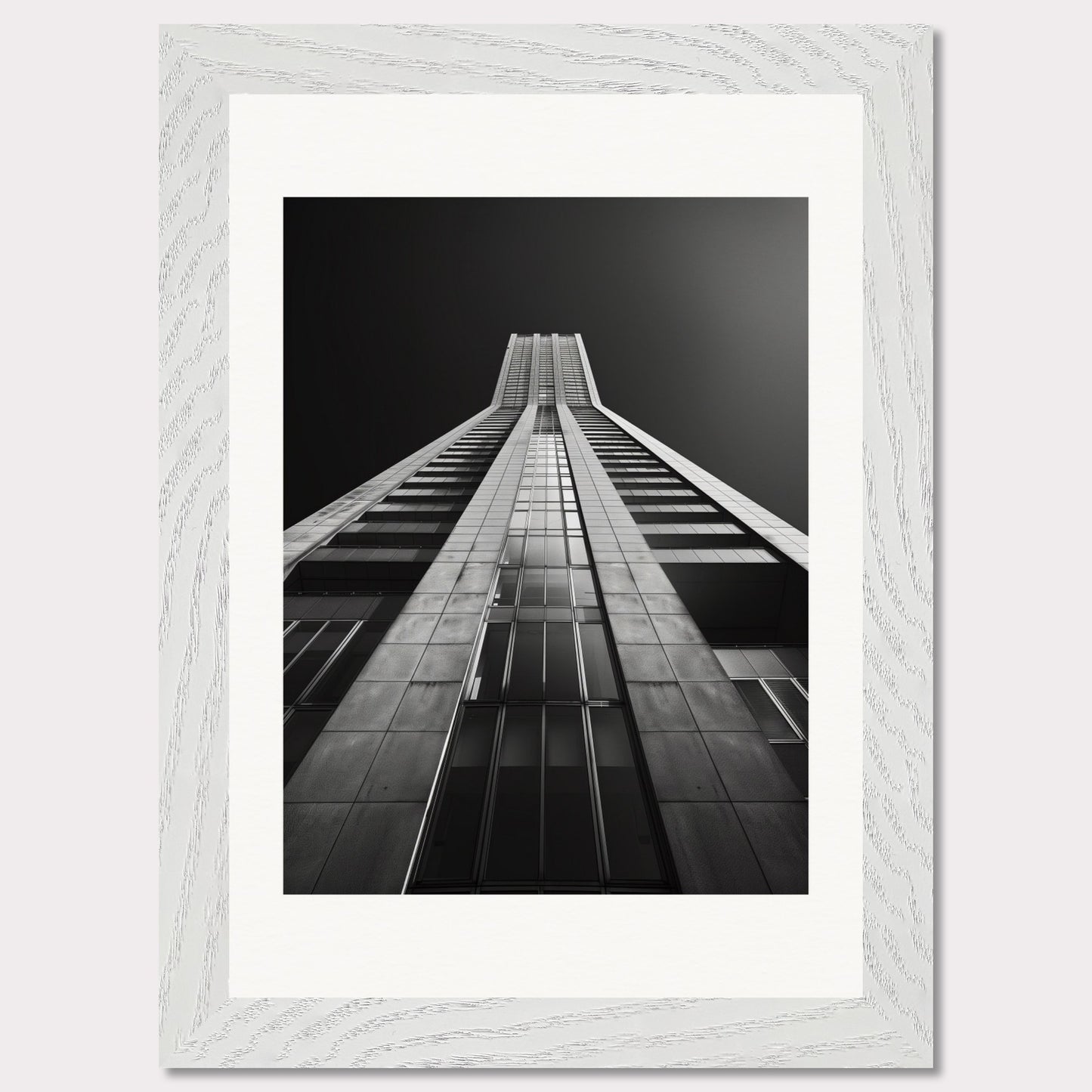 This striking black and white photograph captures the awe-inspiring perspective of looking up at a towering skyscraper. The image emphasizes the sleek lines and modern architecture, drawing the viewer's eye upwards towards the sky.