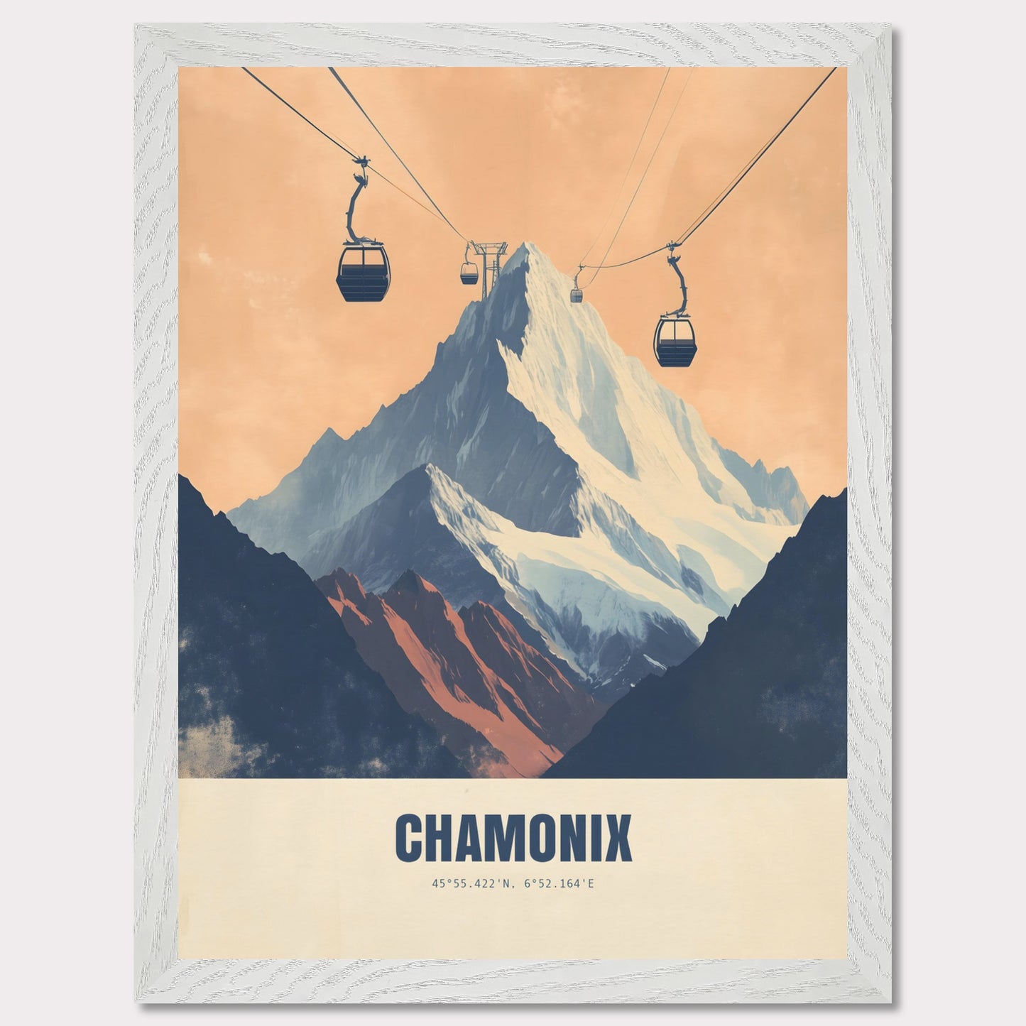 This striking poster showcases the dramatic ascent to Chamonix’s peaks, with cable cars stretching across the sky towards the snow-covered mountains. The bold contrasts between deep shadows and glowing light create an atmosphere of adventure and grandeur.