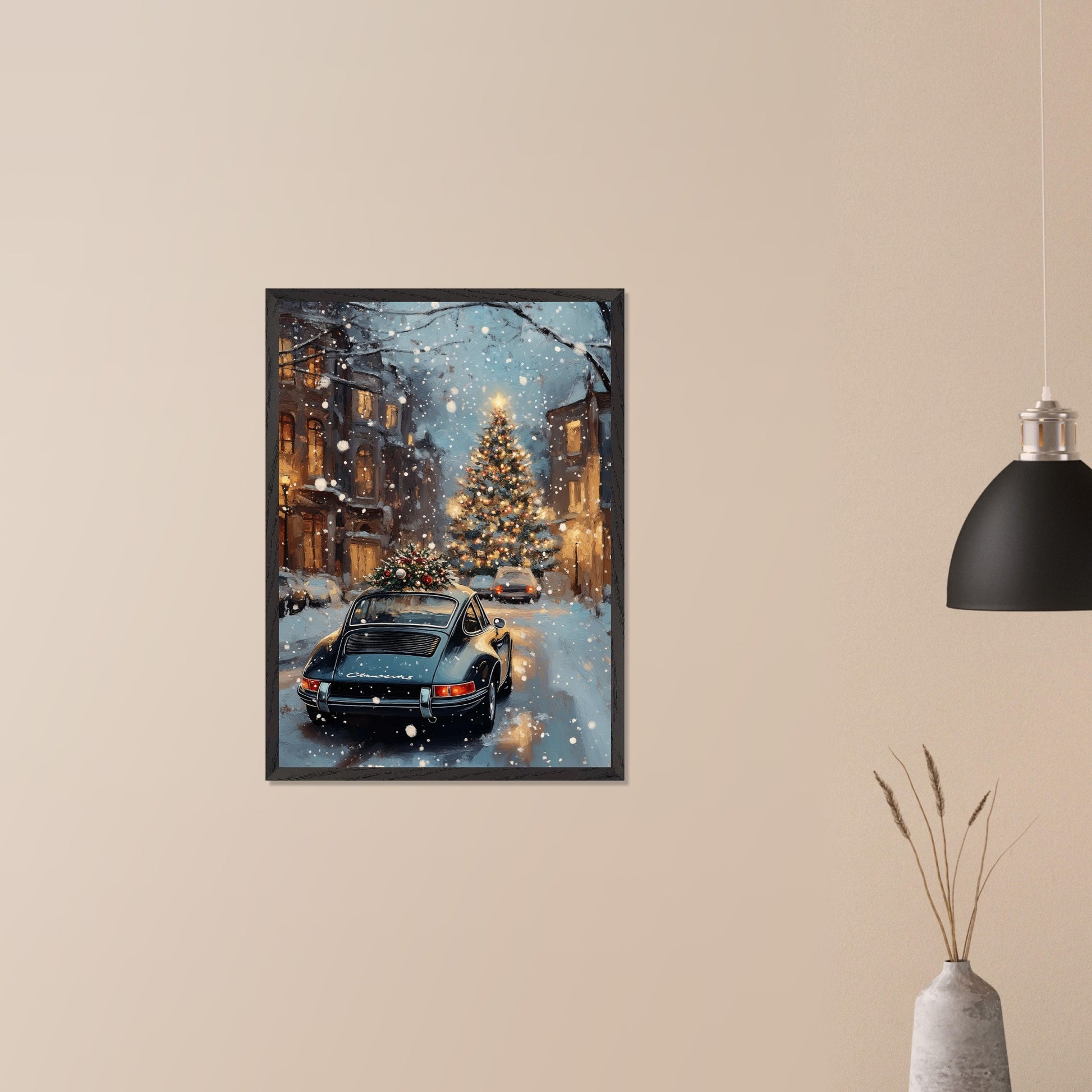 This enchanting poster portrays a snowy Swiss street with a beautifully adorned vintage car carrying a Christmas tree. The softly glowing lights and festive decorations create an atmosphere of joyous holiday anticipation. The combination of timeless cars and seasonal spirit brings a unique charm to this holiday scene.