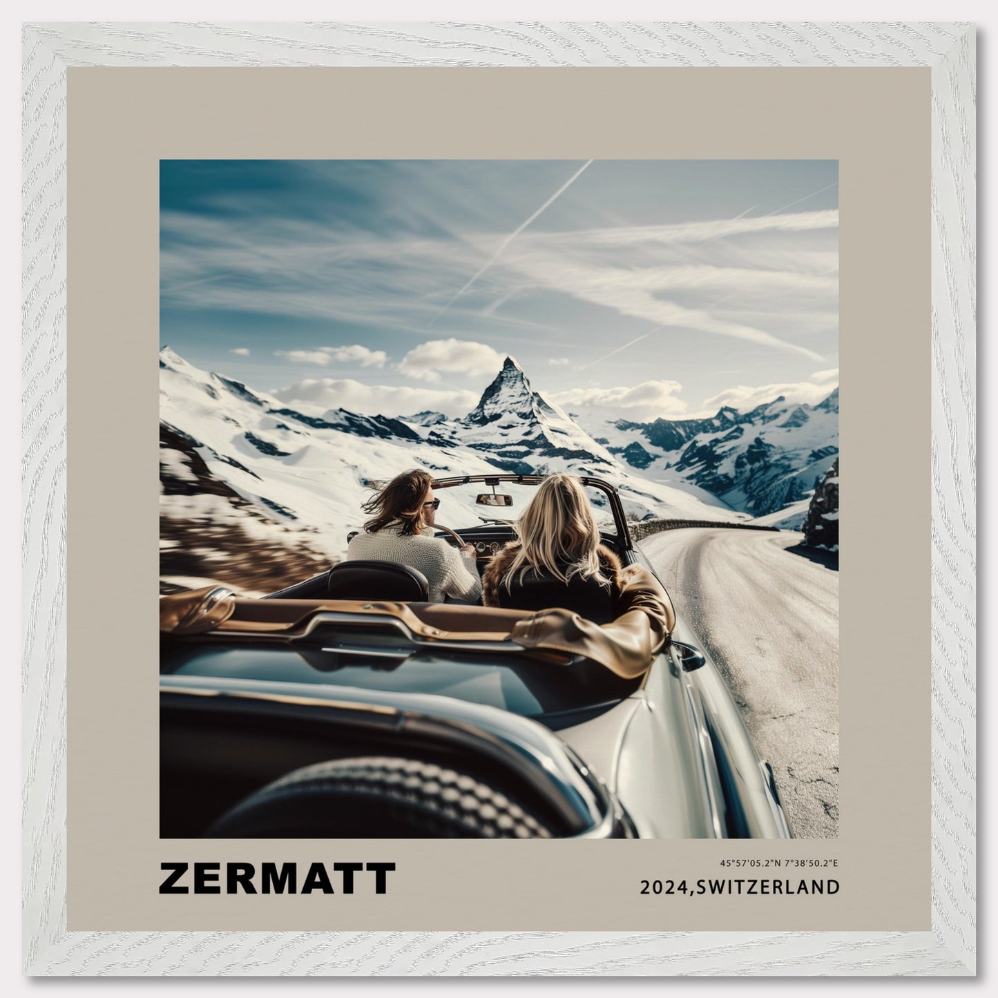 Experience the thrill of a scenic drive through the snowy mountains of Zermatt, Switzerland. This captivating image showcases two adventurers in a convertible, with the iconic Matterhorn standing majestically in the background.