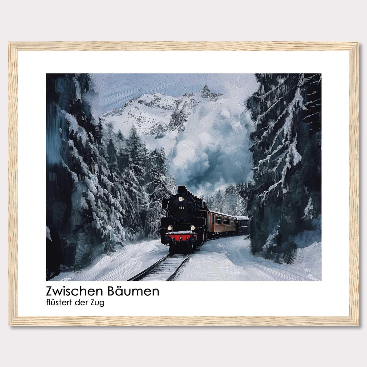 This captivating image depicts a steam train chugging through a snowy forest, with towering pine trees on either side and majestic snow-covered mountains in the background. The scene is serene and picturesque, capturing the essence of winter wonderland.