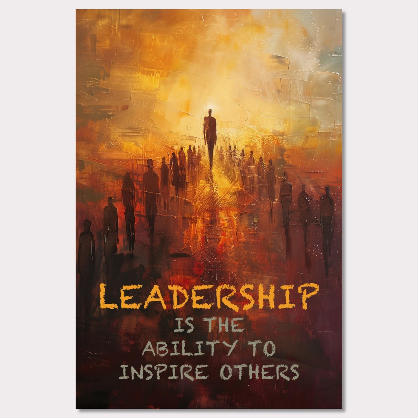 This image depicts a motivational poster with an abstract painting of a group of people following a prominent figure, symbolizing leadership. The background is a blend of warm colors like orange and yellow, creating a sense of inspiration and energy.