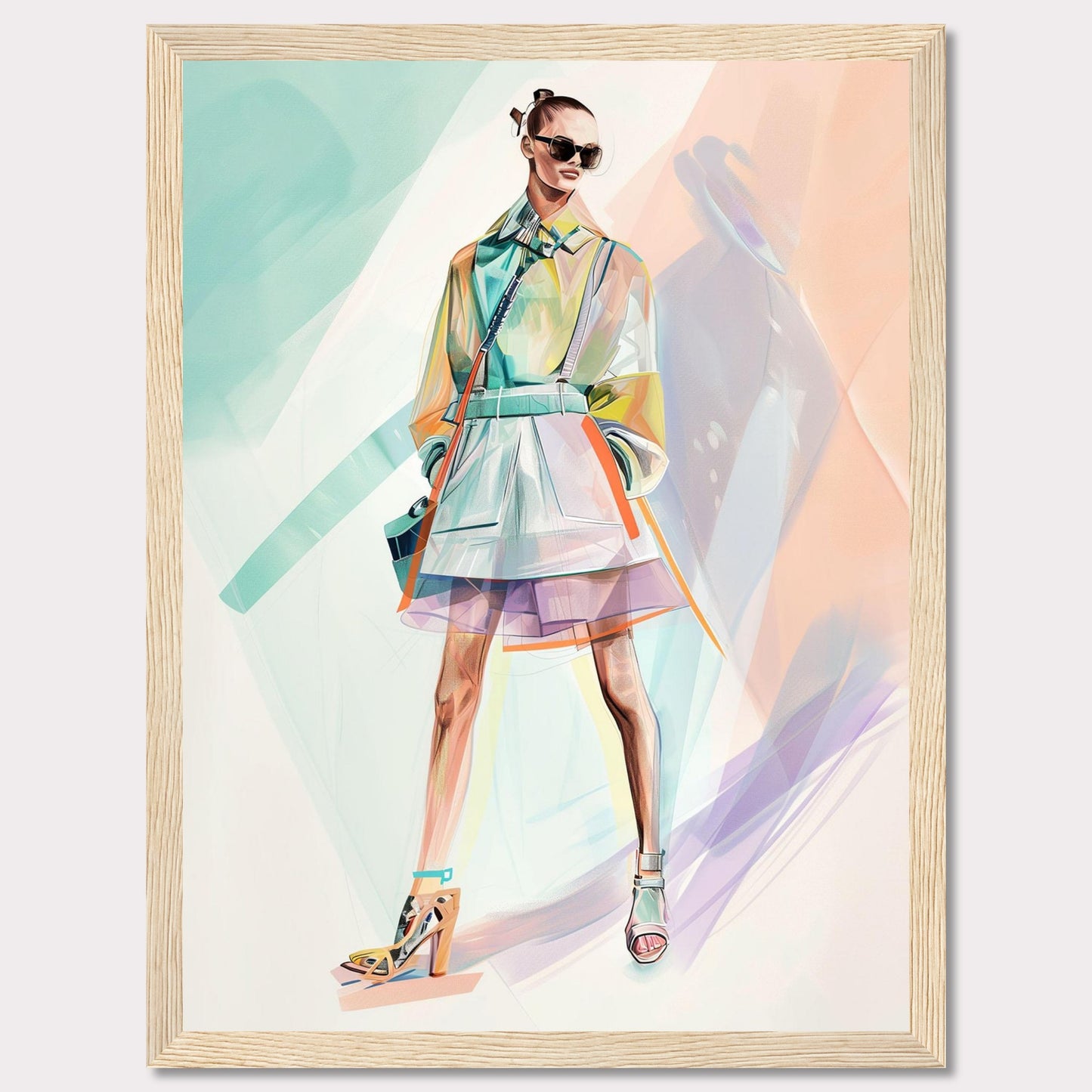 This stunning artwork features a stylish figure in a vibrant, modern outfit. The person is wearing a colorful, translucent coat over a layered skirt, with high-fashion heels and chic sunglasses. The background is an abstract blend of pastel colors, enhancing the fashionable vibe.