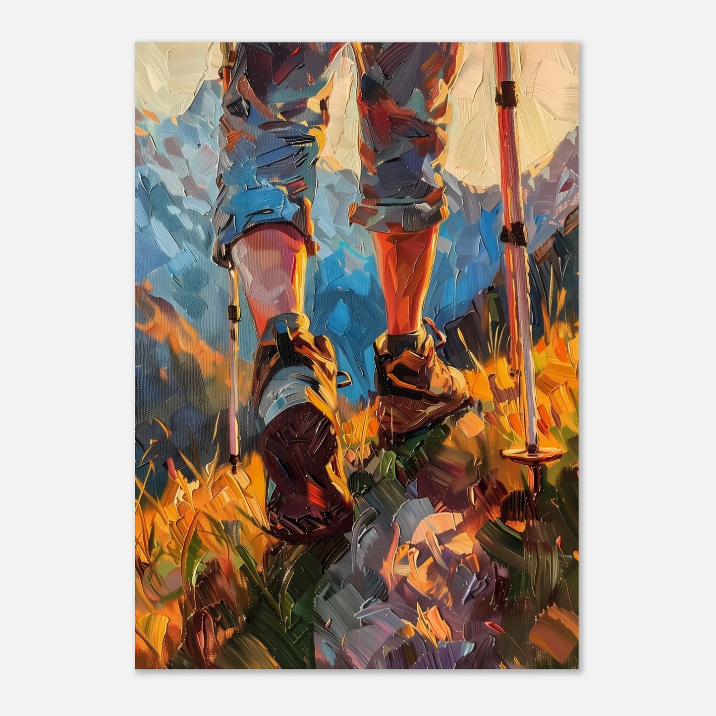 This illustration depicts a hiker's legs and feet as they traverse a vibrant, mountainous landscape. The scene is painted with bold, expressive brushstrokes, emphasizing the dynamic movement and rugged terrain.