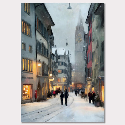 Snow falls gently between old town facades as people wander through glowing windows and quiet alleys. Time seems to slow. This image is a winter stroll, an ode to dusk, city calm, and warmth within.