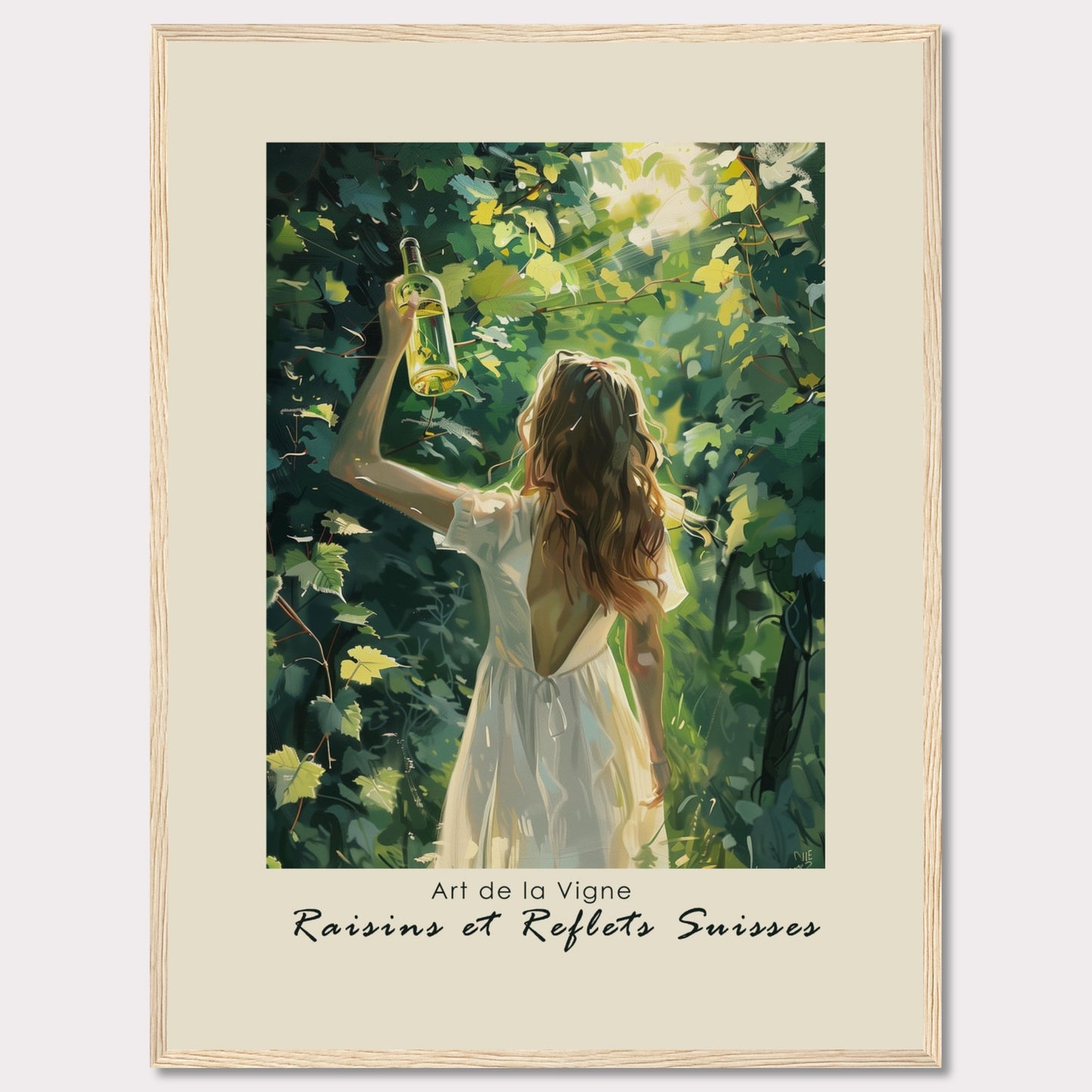 This captivating artwork titled "Art de la Vigne" showcases a woman in a white dress holding up a bottle of wine amidst lush green vines, with sunlight filtering through the leaves. The scene exudes a sense of tranquility and connection with nature.