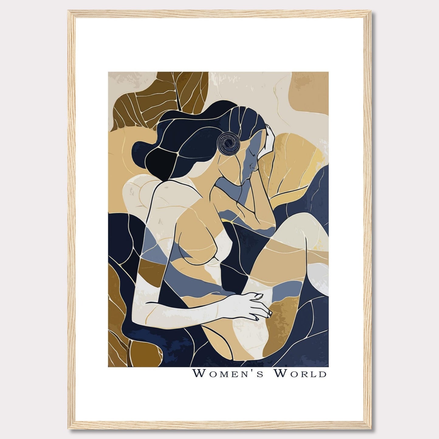 This is a contemporary art print titled "Women's World," featuring an abstract depiction of a woman in muted tones of blue, beige, and brown. The artwork is framed in a sleek black frame.