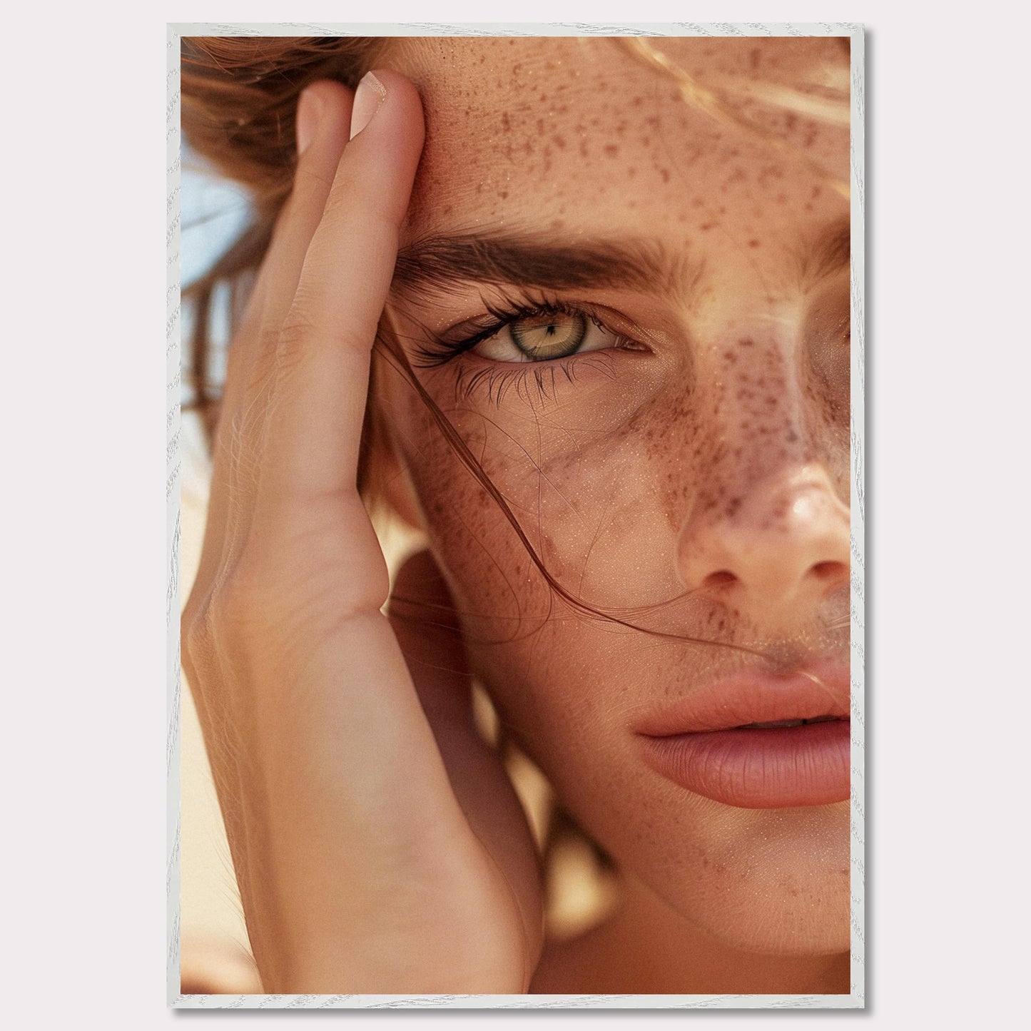 This captivating close-up portrait showcases the natural beauty of a person with freckles and an intense gaze.