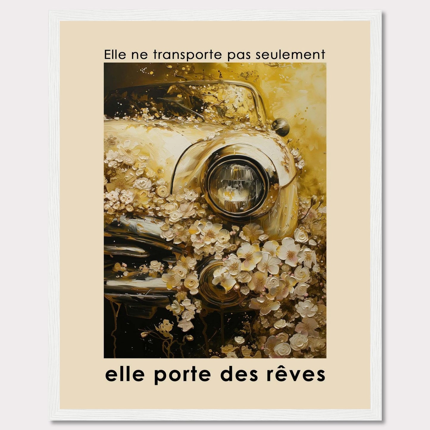 This image features a vintage car adorned with an abundance of delicate flowers, creating a dreamy and nostalgic atmosphere. The text above the image reads "Elle ne transporte pas seulement," and below it says "elle porte des rêves," translating to "It doesn't just transport, it carries dreams."